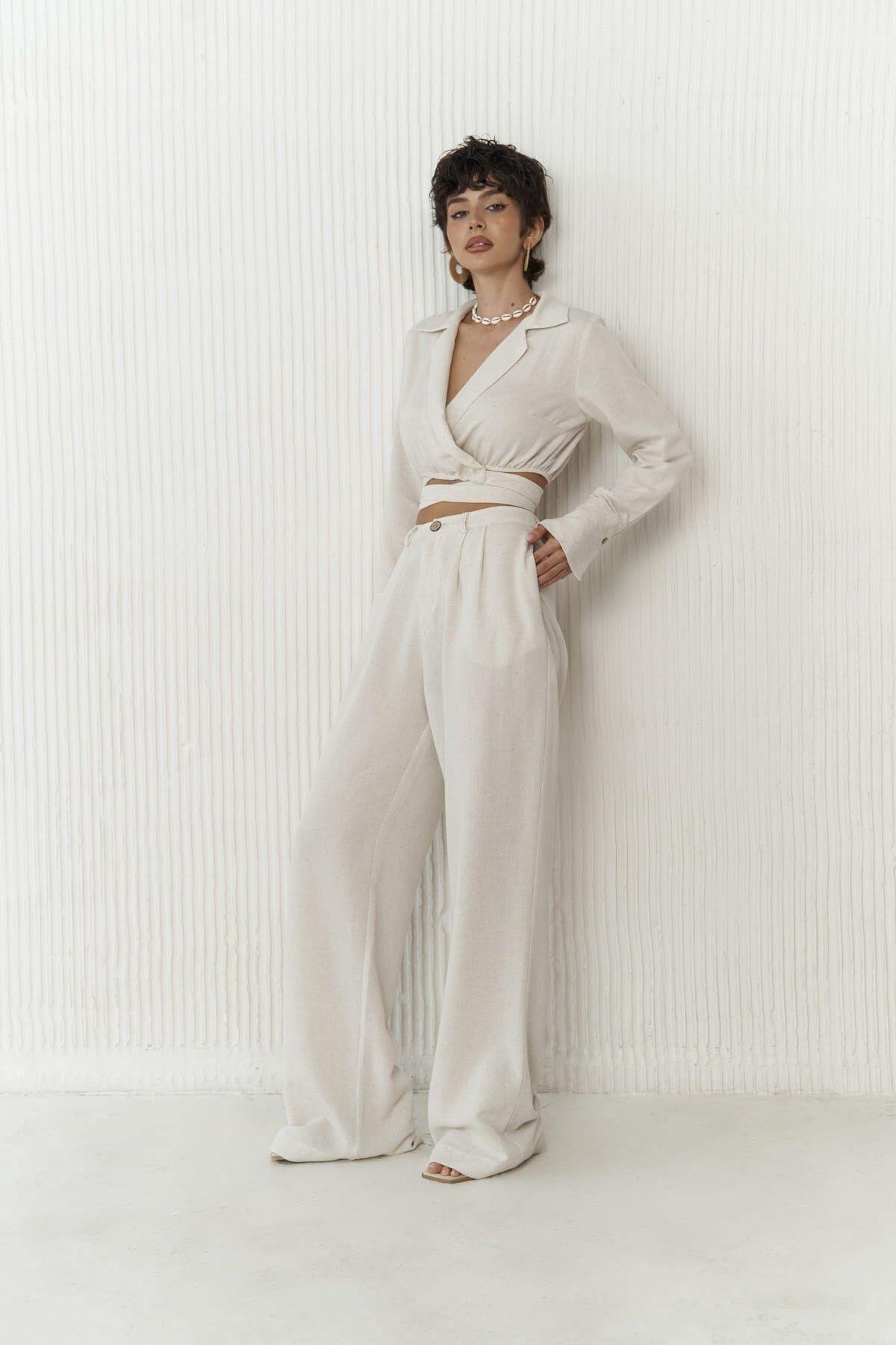 Estila Beige Crop&Trousers Set   