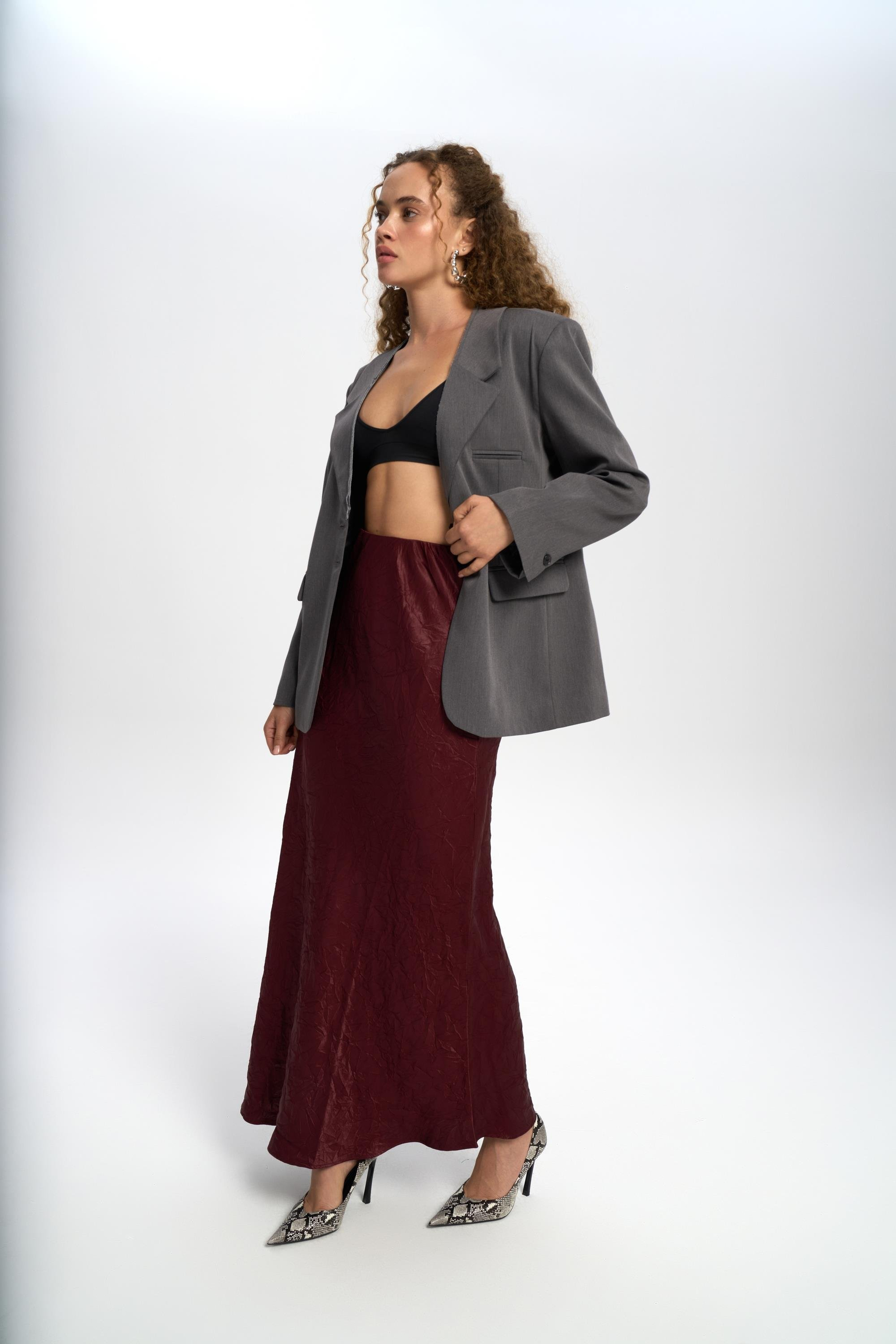 Eubah Kırışık Uzun Bordo Saten Etek