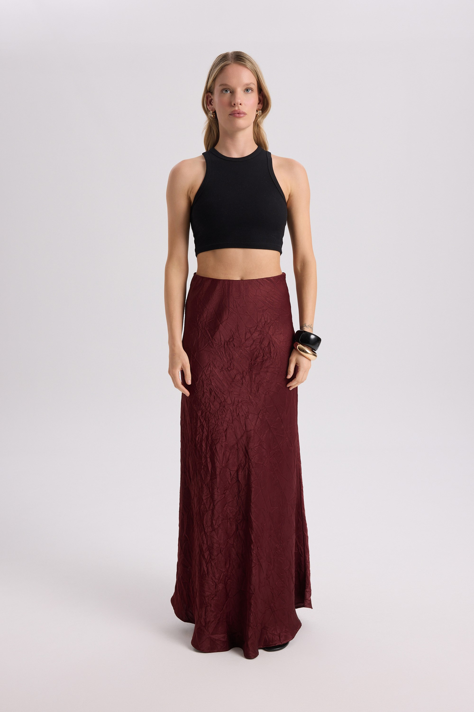 Eubah Crinkle-Effect Long Burgundy Satin Skirt