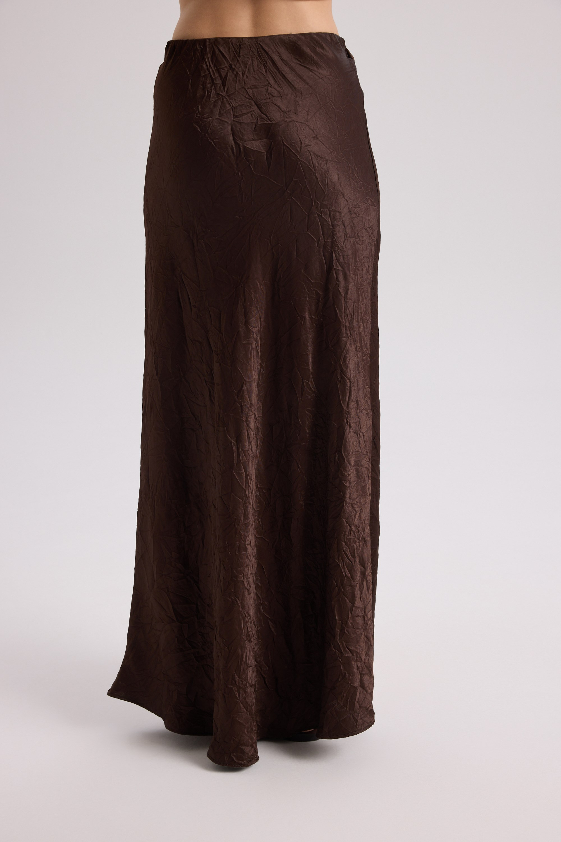 Eubah Crinkle-Effect Long Brown Satin Skirt