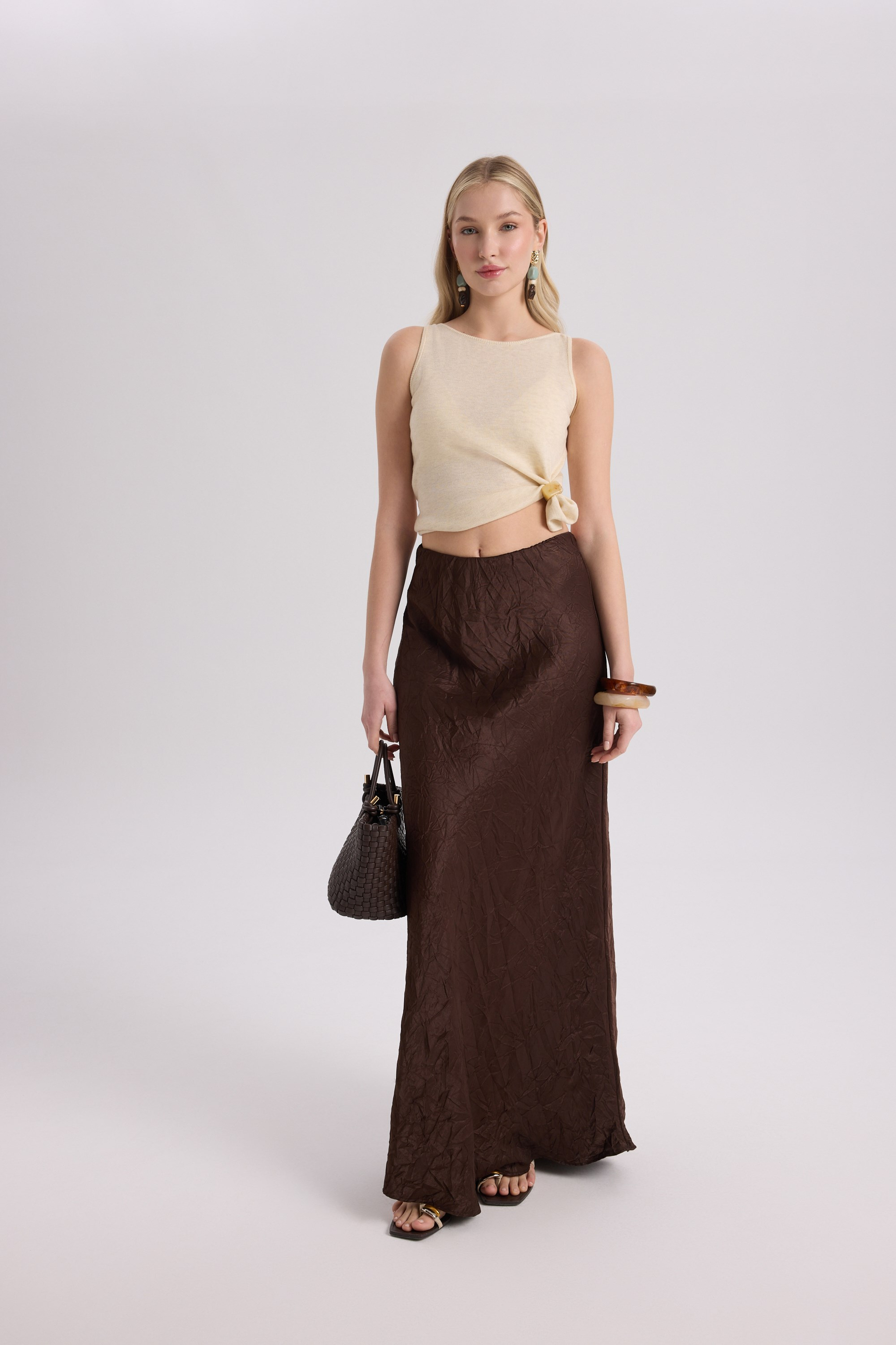Eubah Crinkle-Effect Long Brown Satin Skirt