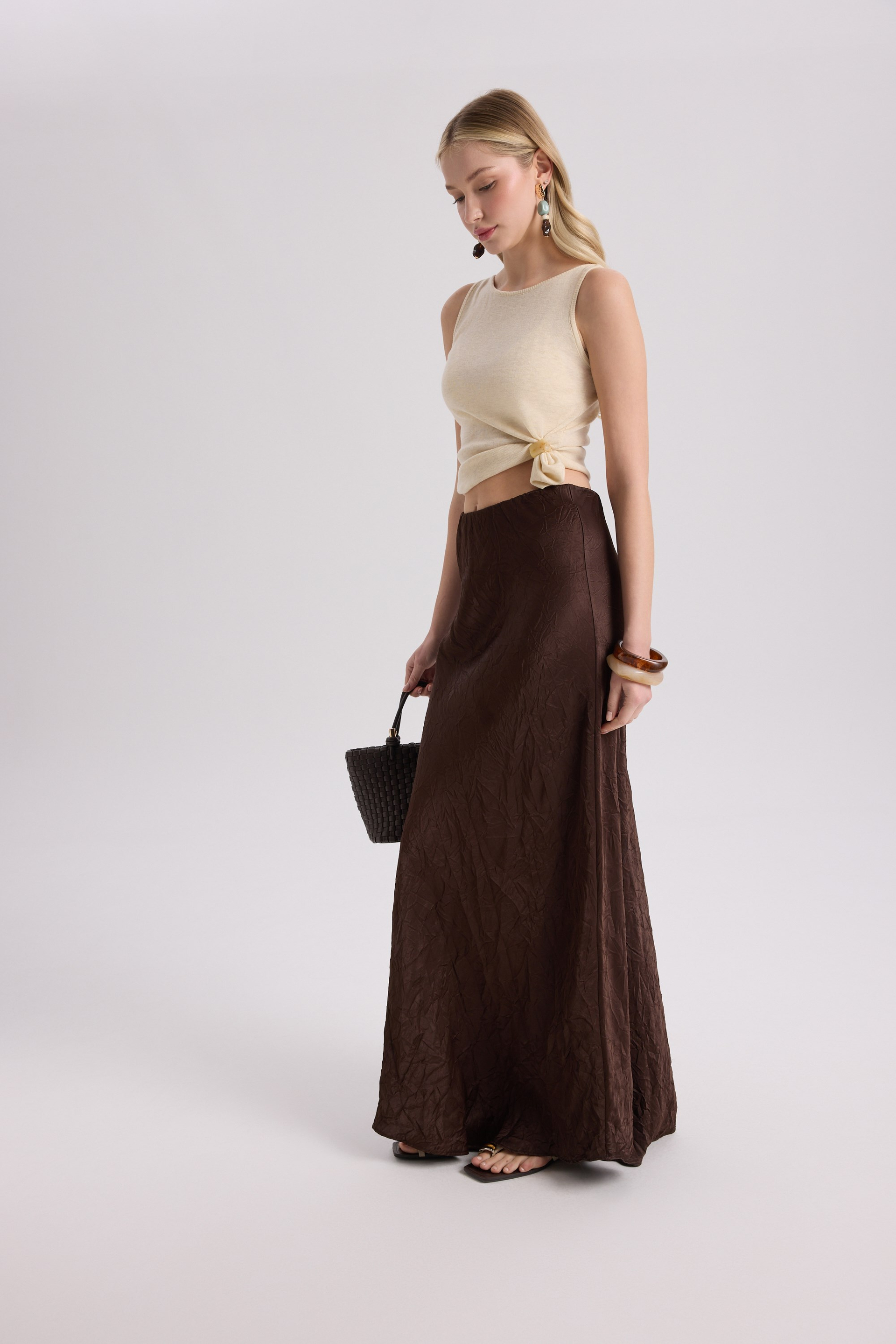 Eubah Crinkle-Effect Long Brown Satin Skirt
