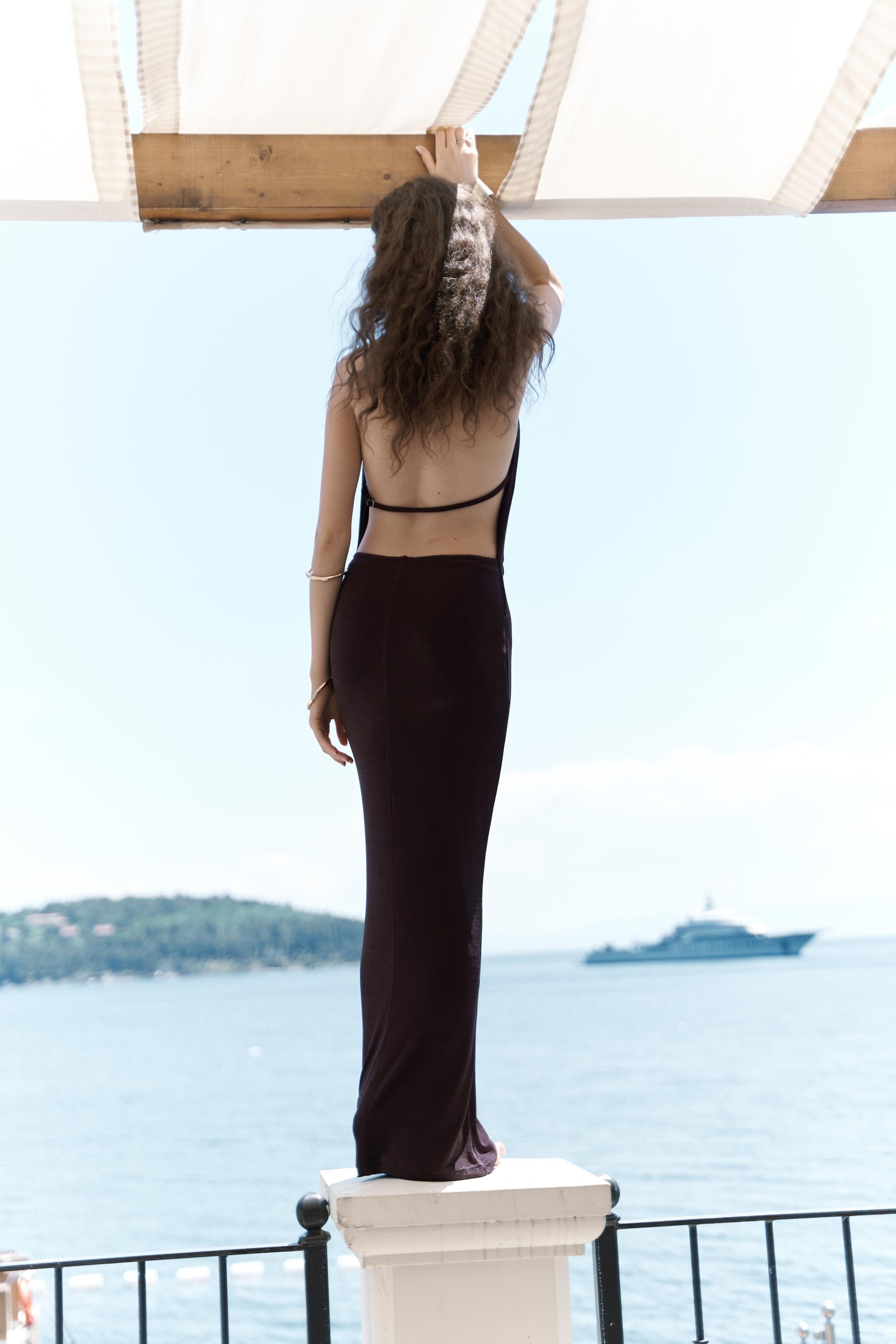 Fahmin Degaje Yaka Kahve Uzun Elbise