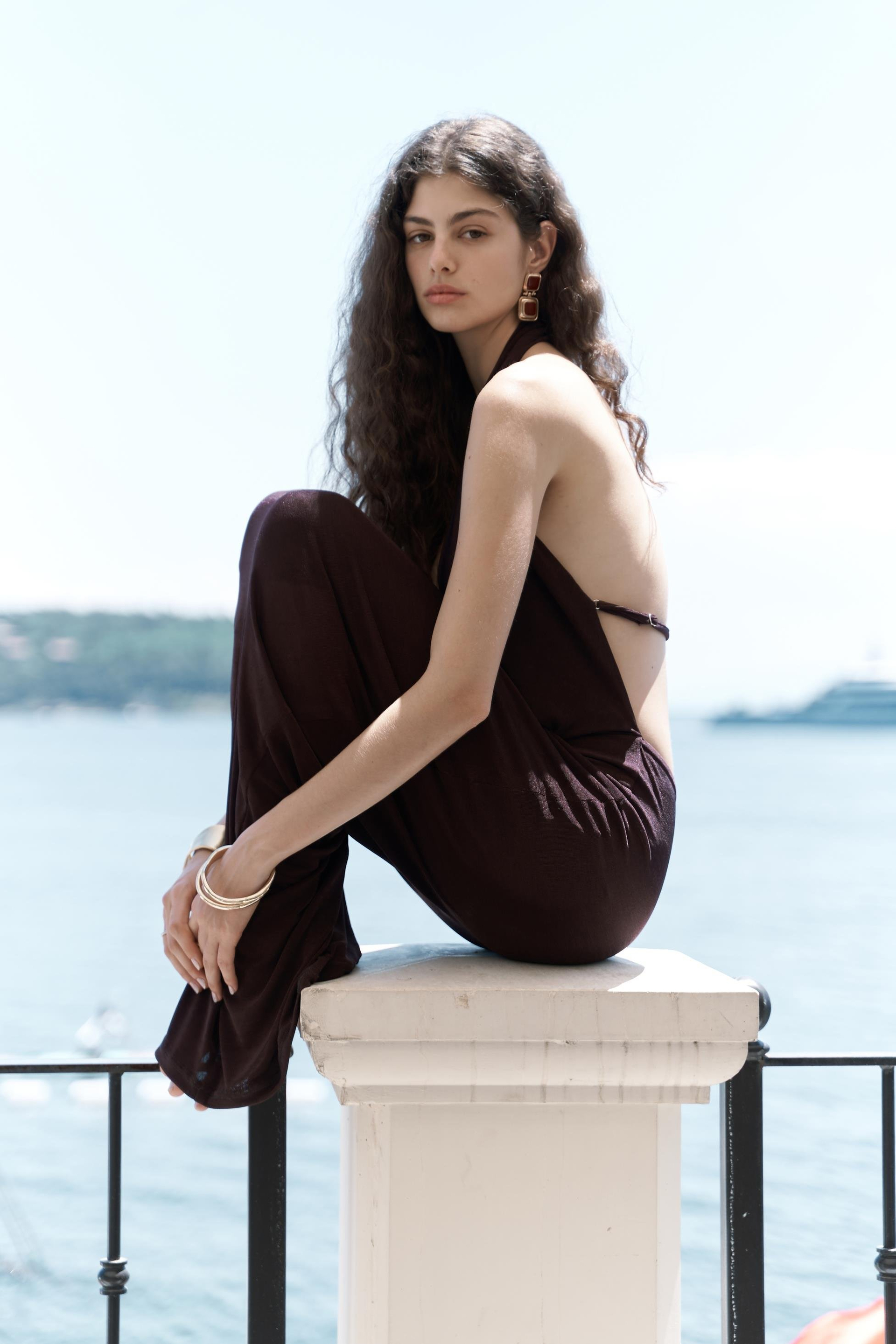 Fahmin Degaje Yaka Kahve Uzun Elbise