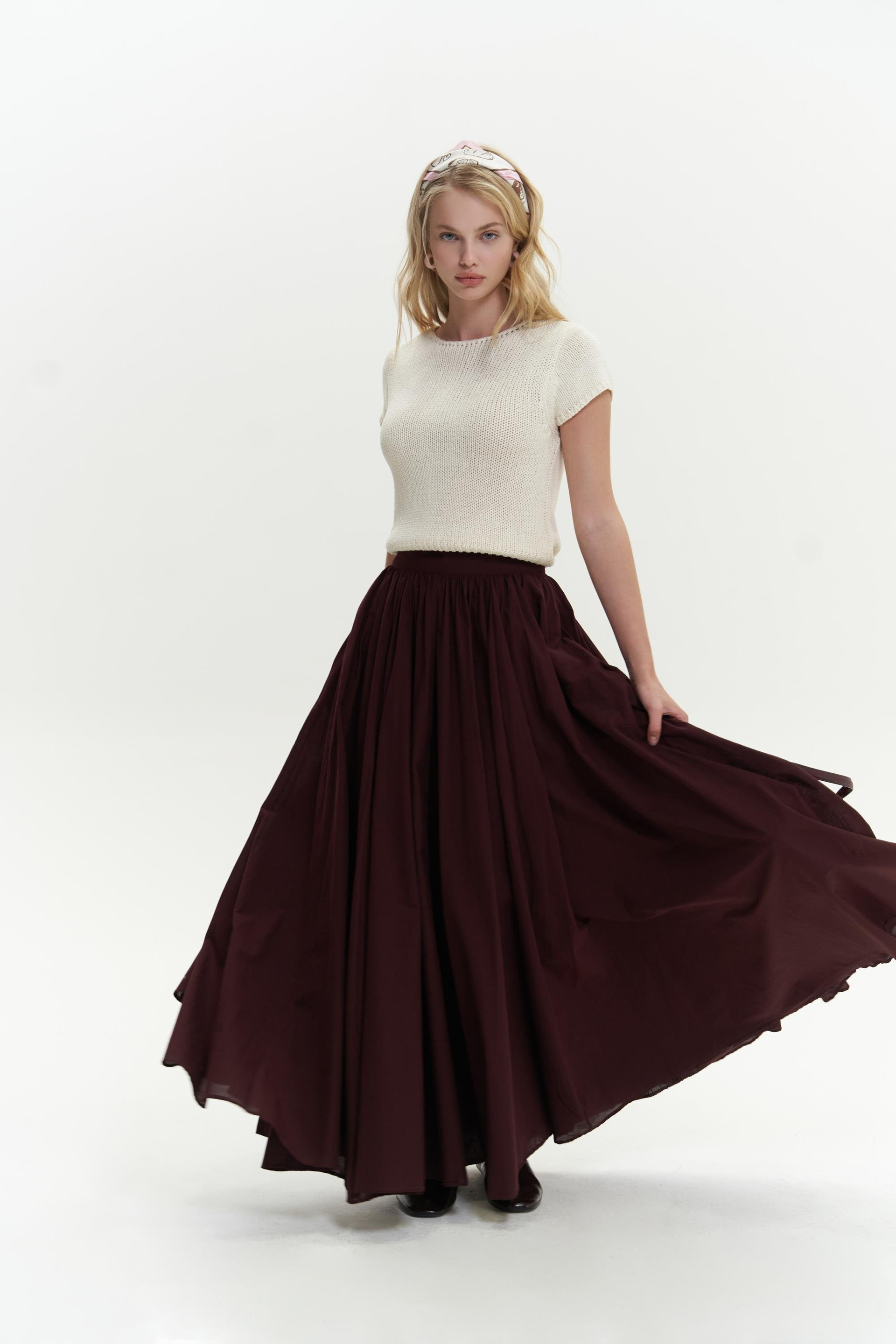 Faylinn Pileli Uzun Bordo Etek 