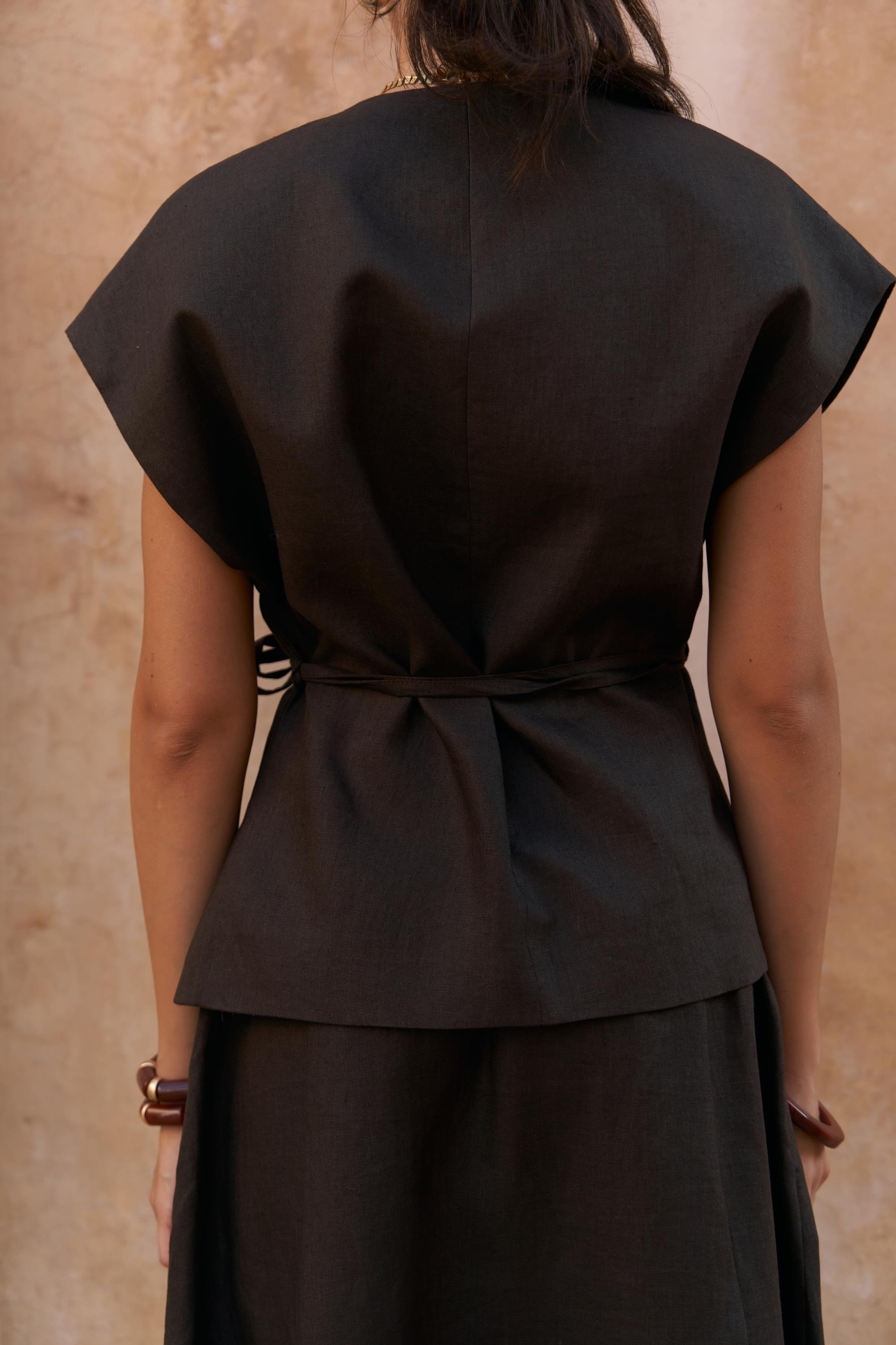 Fiametta Salaş Acı Kahve Keten Yelek Etek Takım