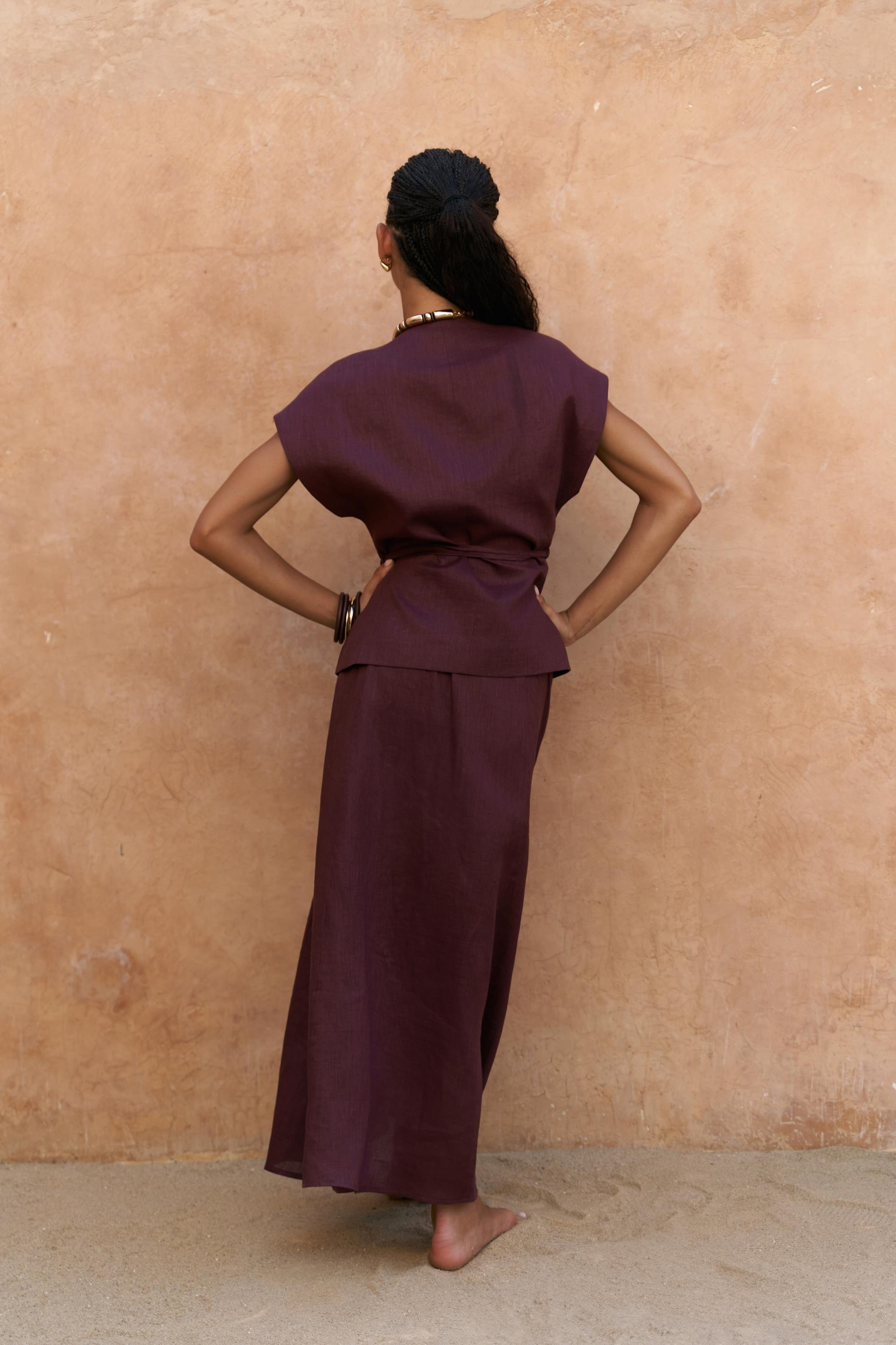 Fiametta Salaş Bordo Keten Yelek Etek Takım