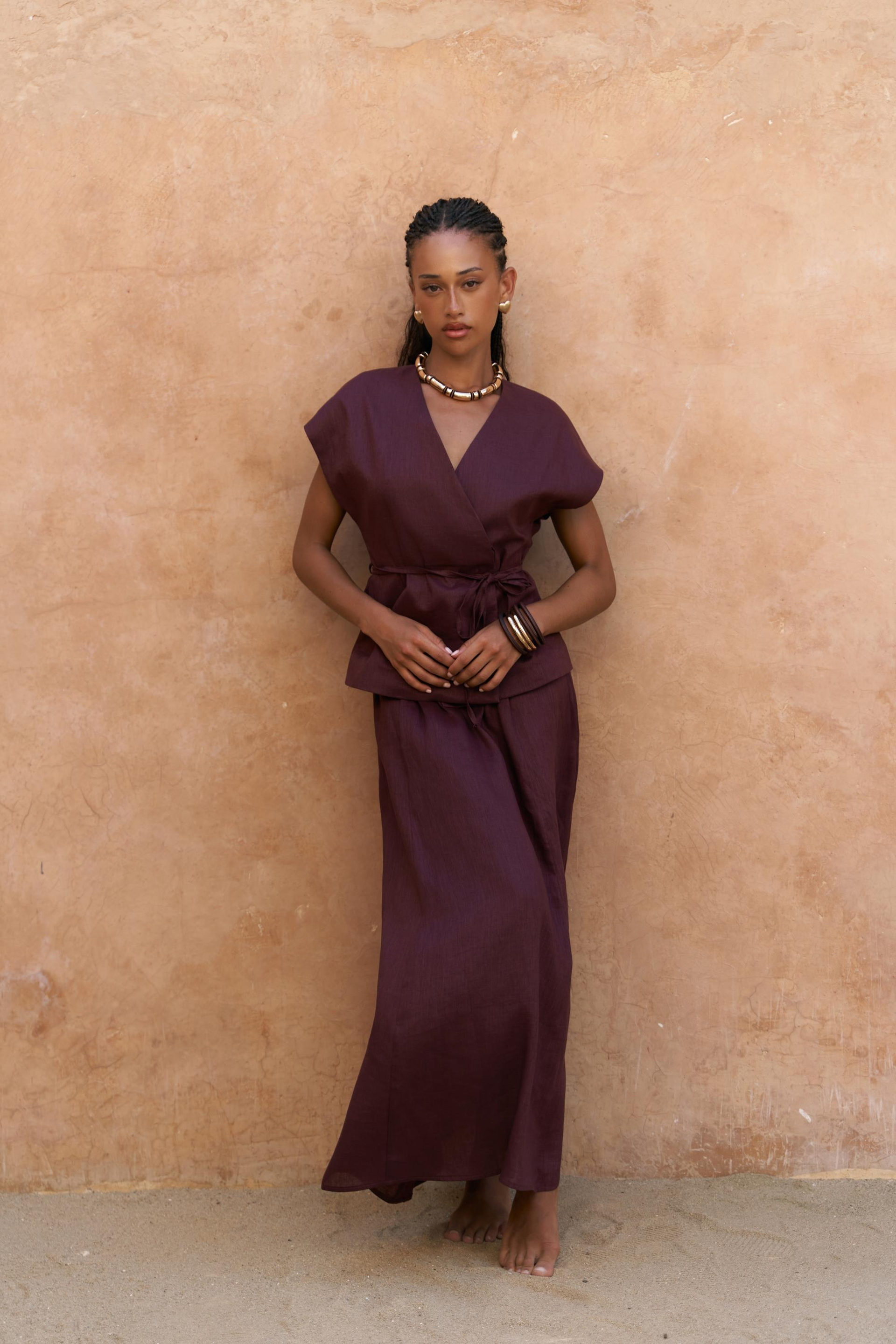 Fiametta Salaş Bordo Keten Yelek Etek Takım