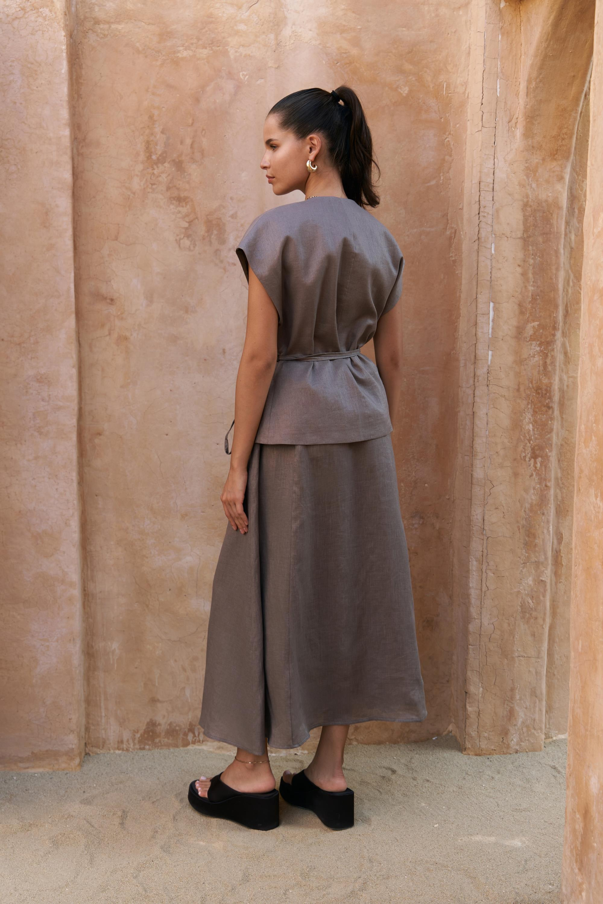 Fiametta Salaş Füme Keten Yelek Etek Takım