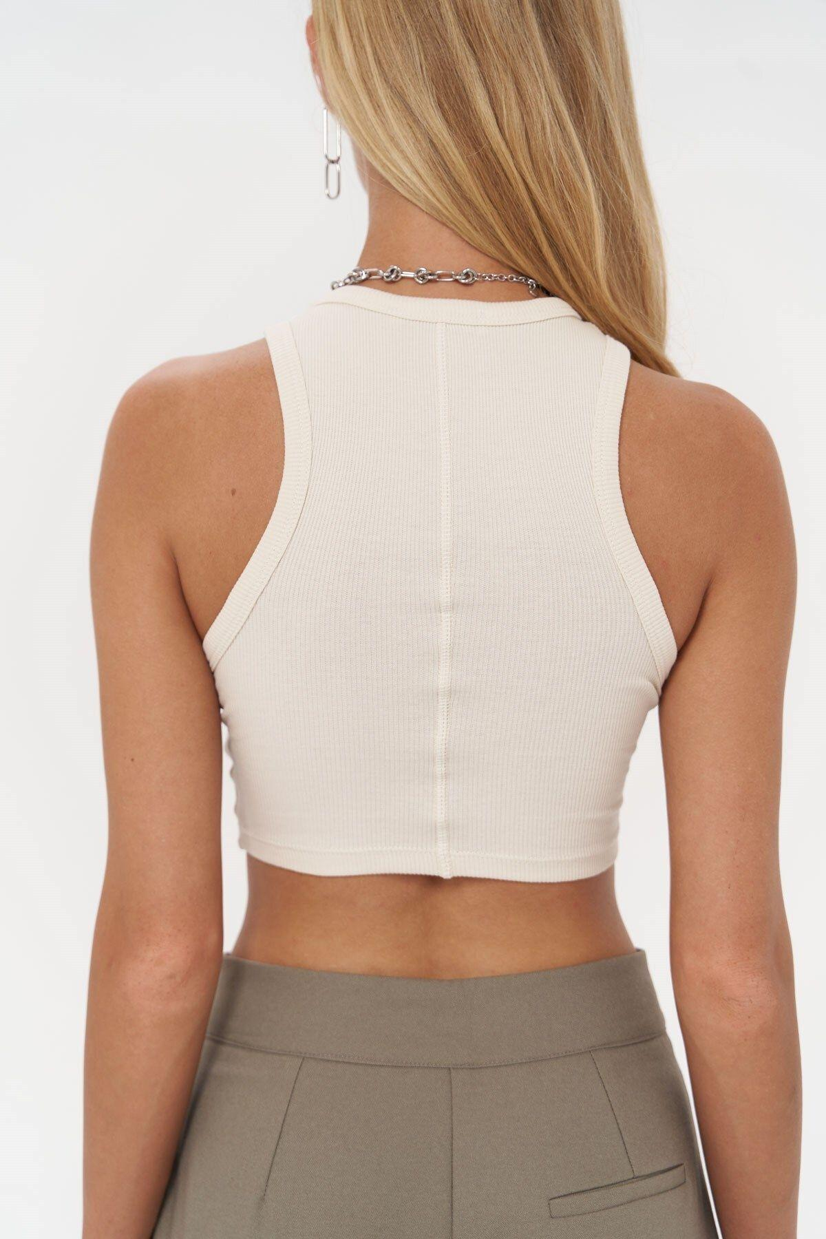 Fleur Fitilli Halter Yaka Bej Crop