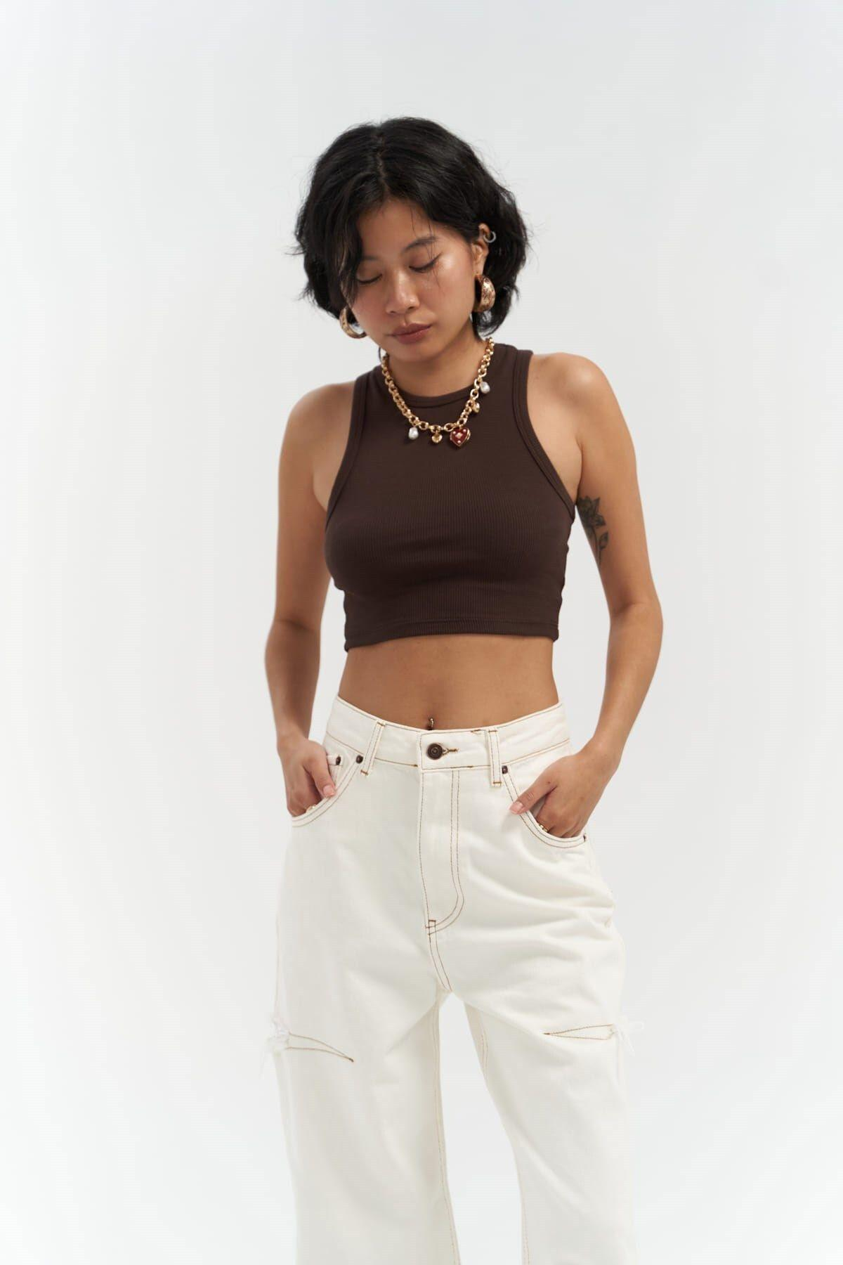 Fleur Fitilli Halter Yaka Kahve Crop