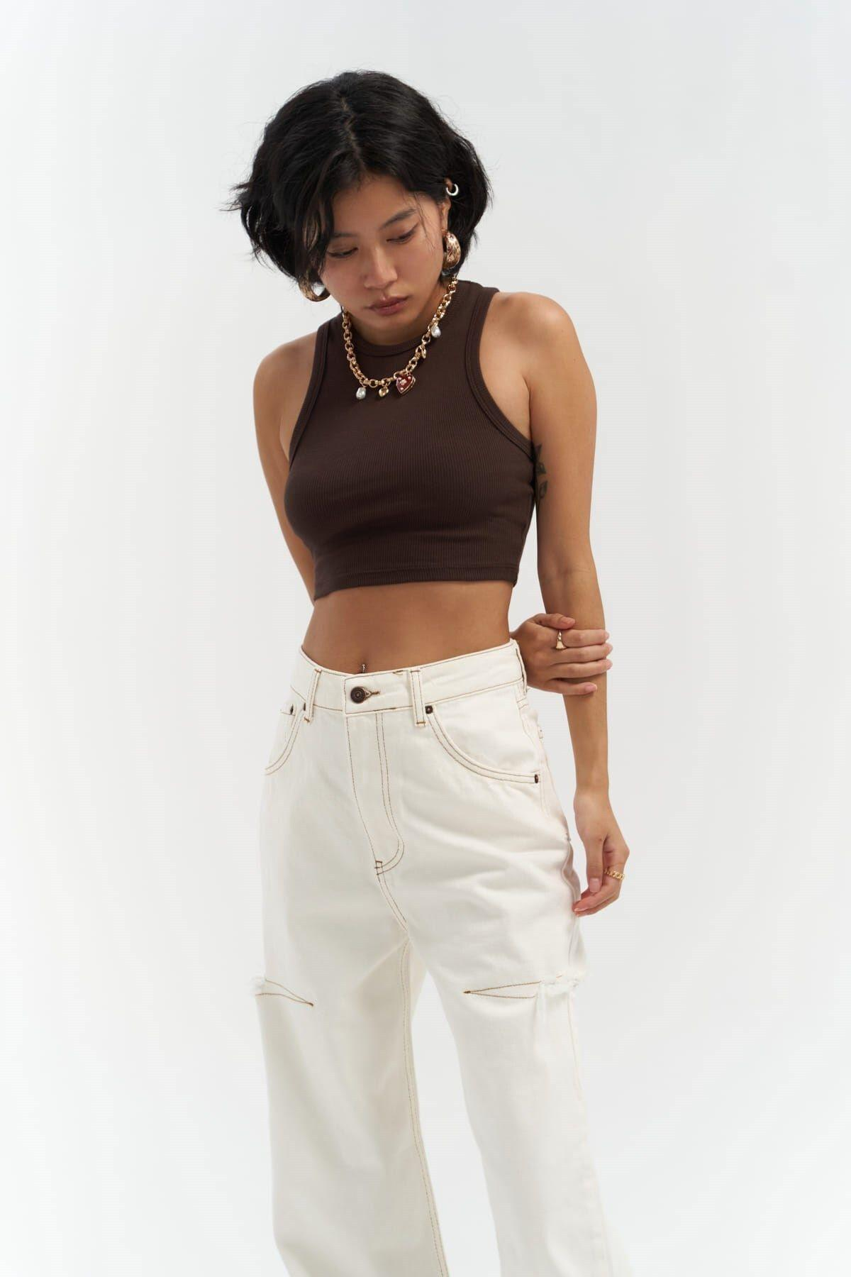 Fleur Fitilli Halter Yaka Kahve Crop