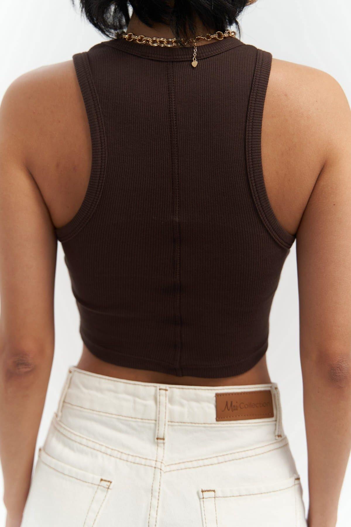 Fleur Fitilli Halter Yaka Kahve Crop