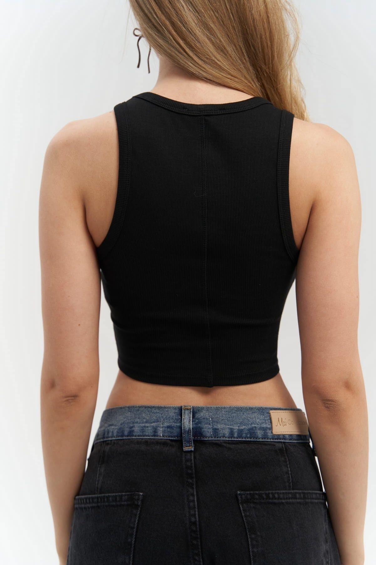 Fleur Ribbed Halterneck Black Crop