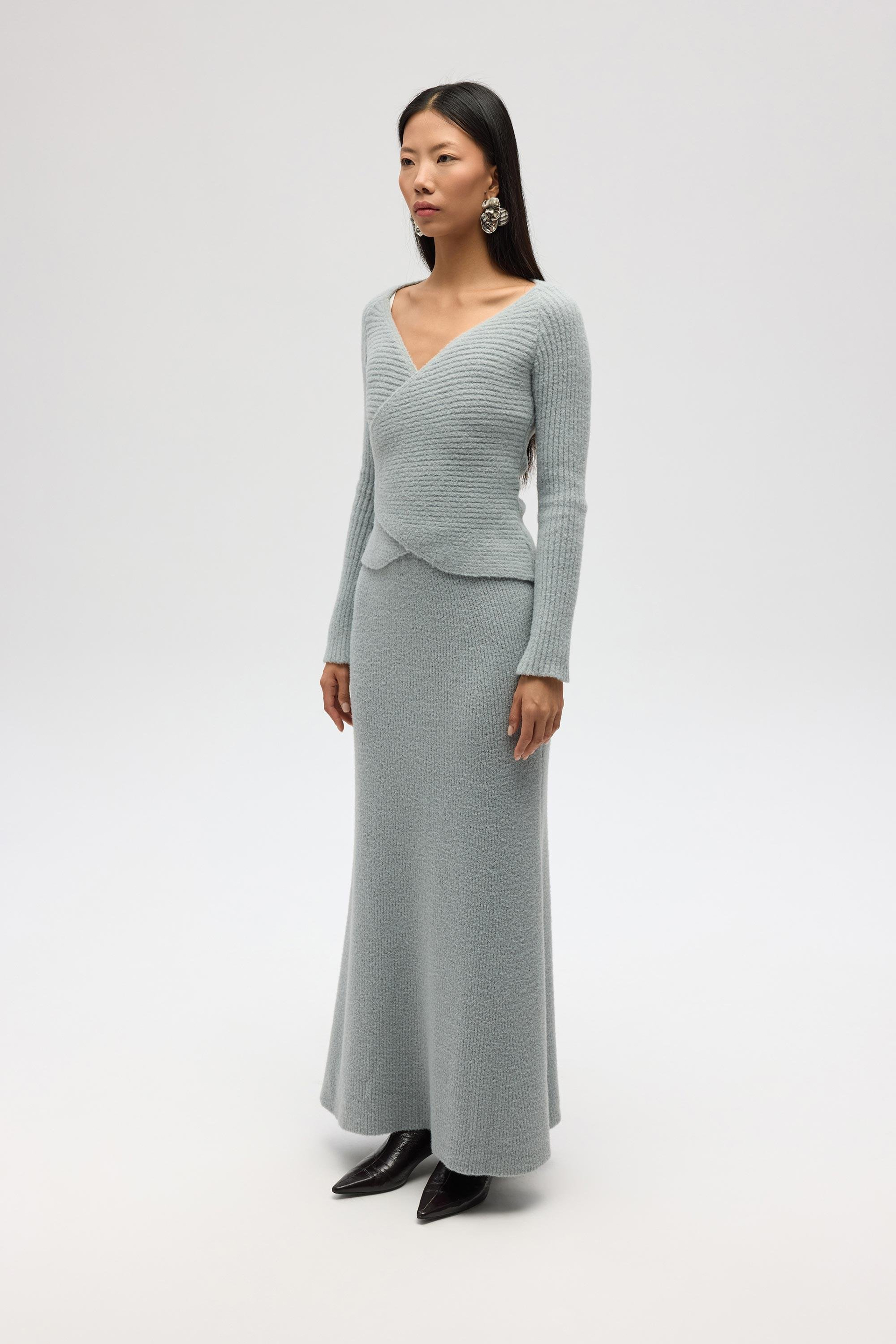 Fluff Bağlamalı Gri Üst-Etek Takım