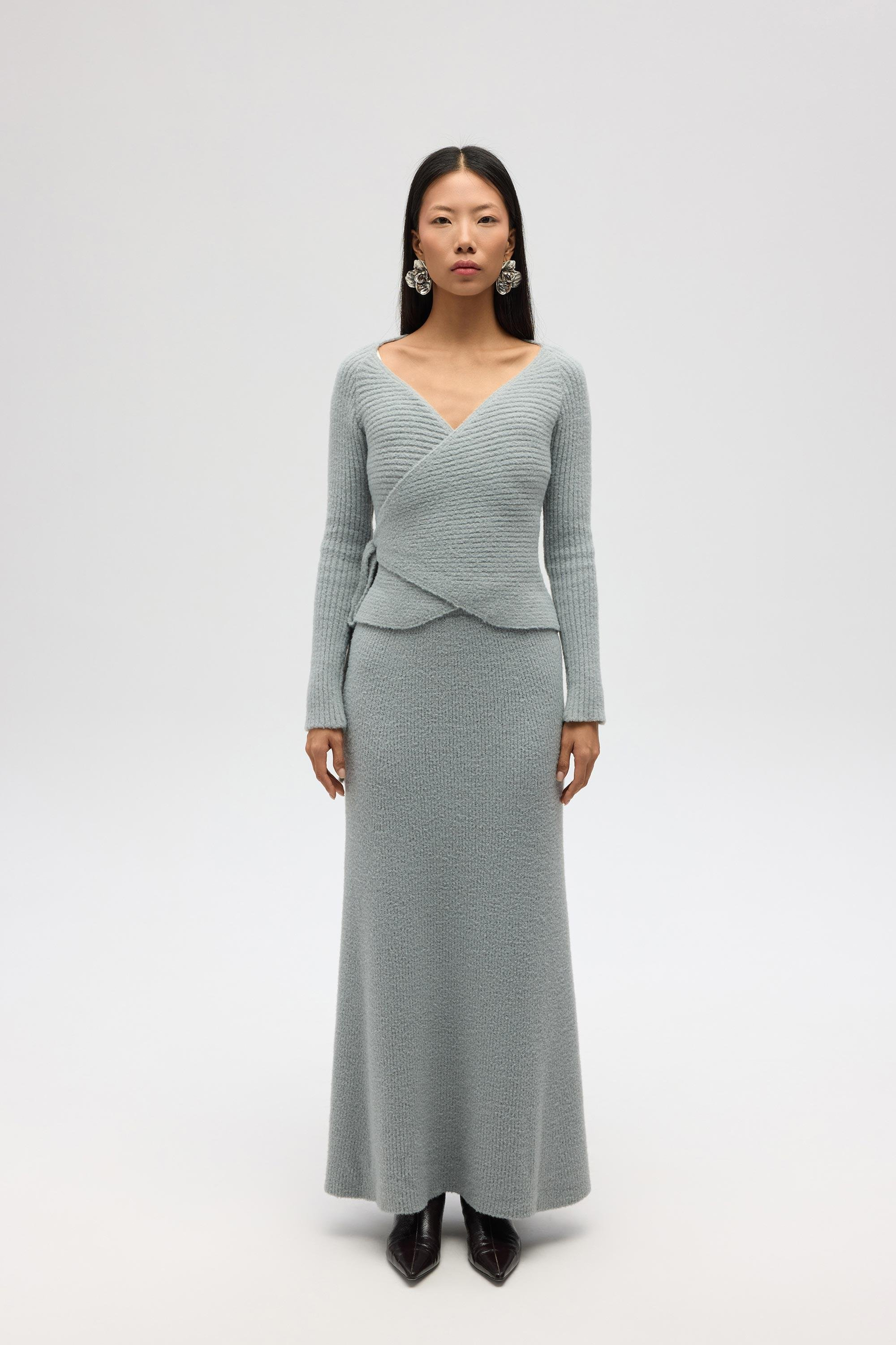 Fluff Bağlamalı Gri Üst-Etek Takım