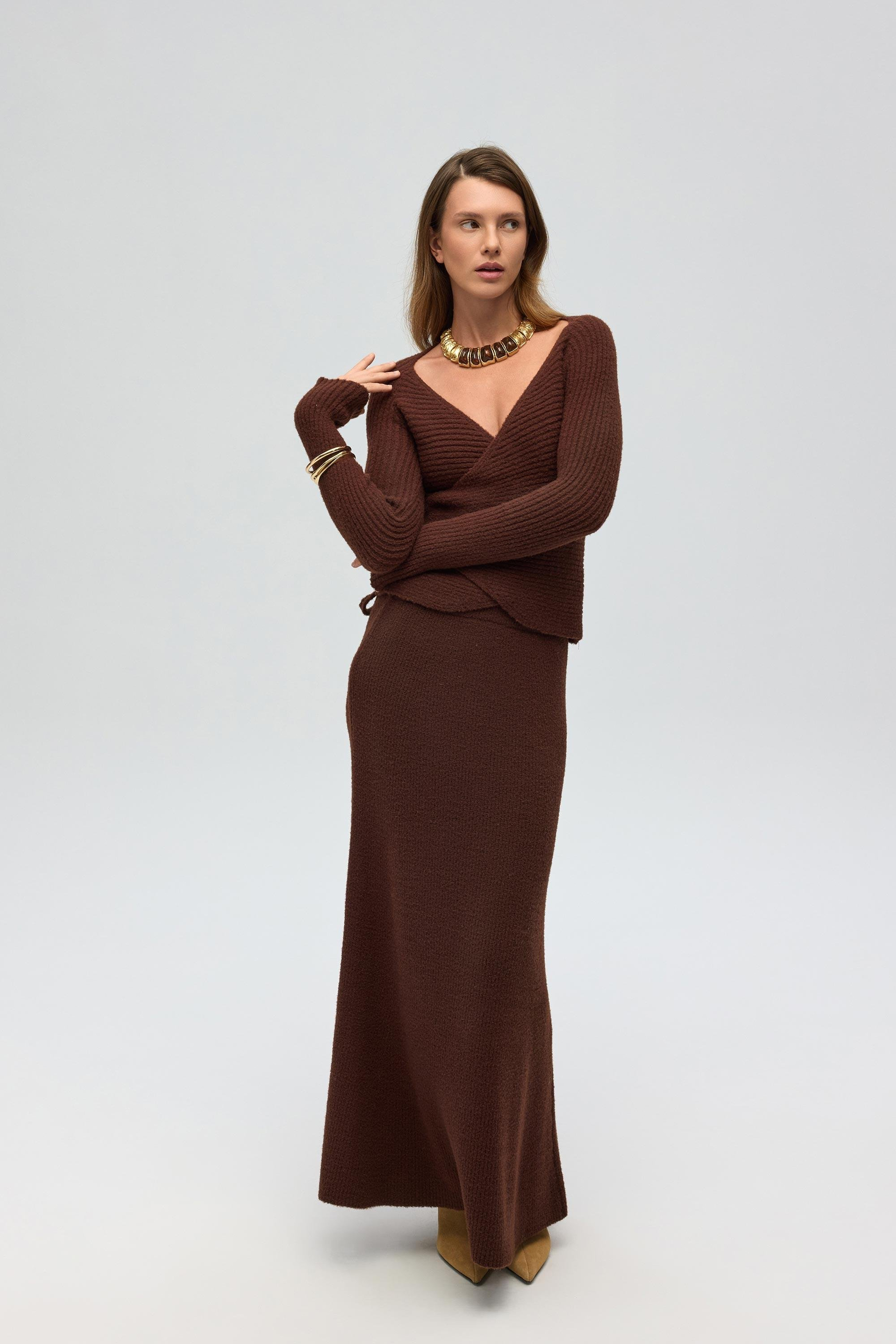 Fluff Bağlamalı Kahve Üst-Etek Takım