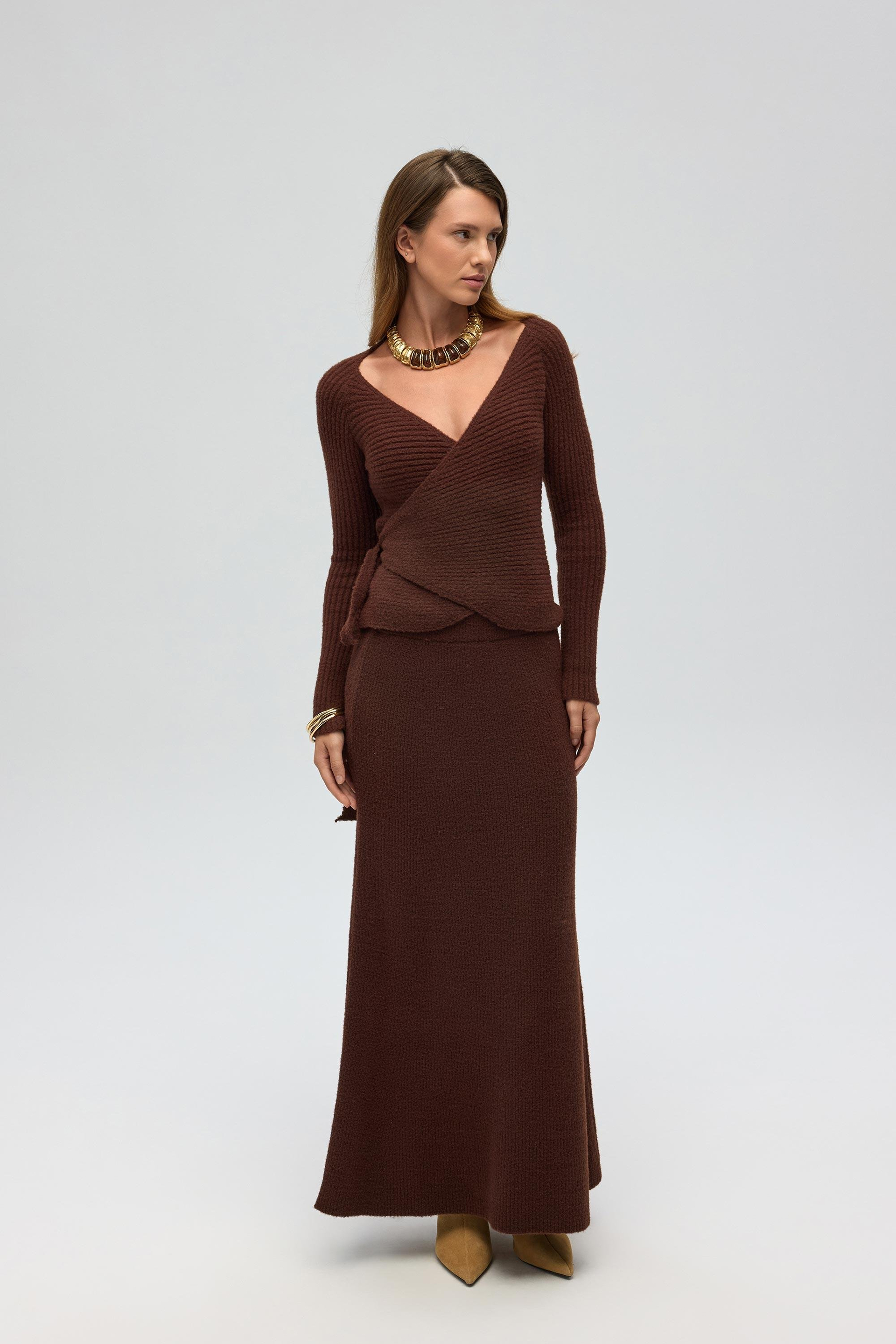 Fluff Bağlamalı Kahve Üst-Etek Takım