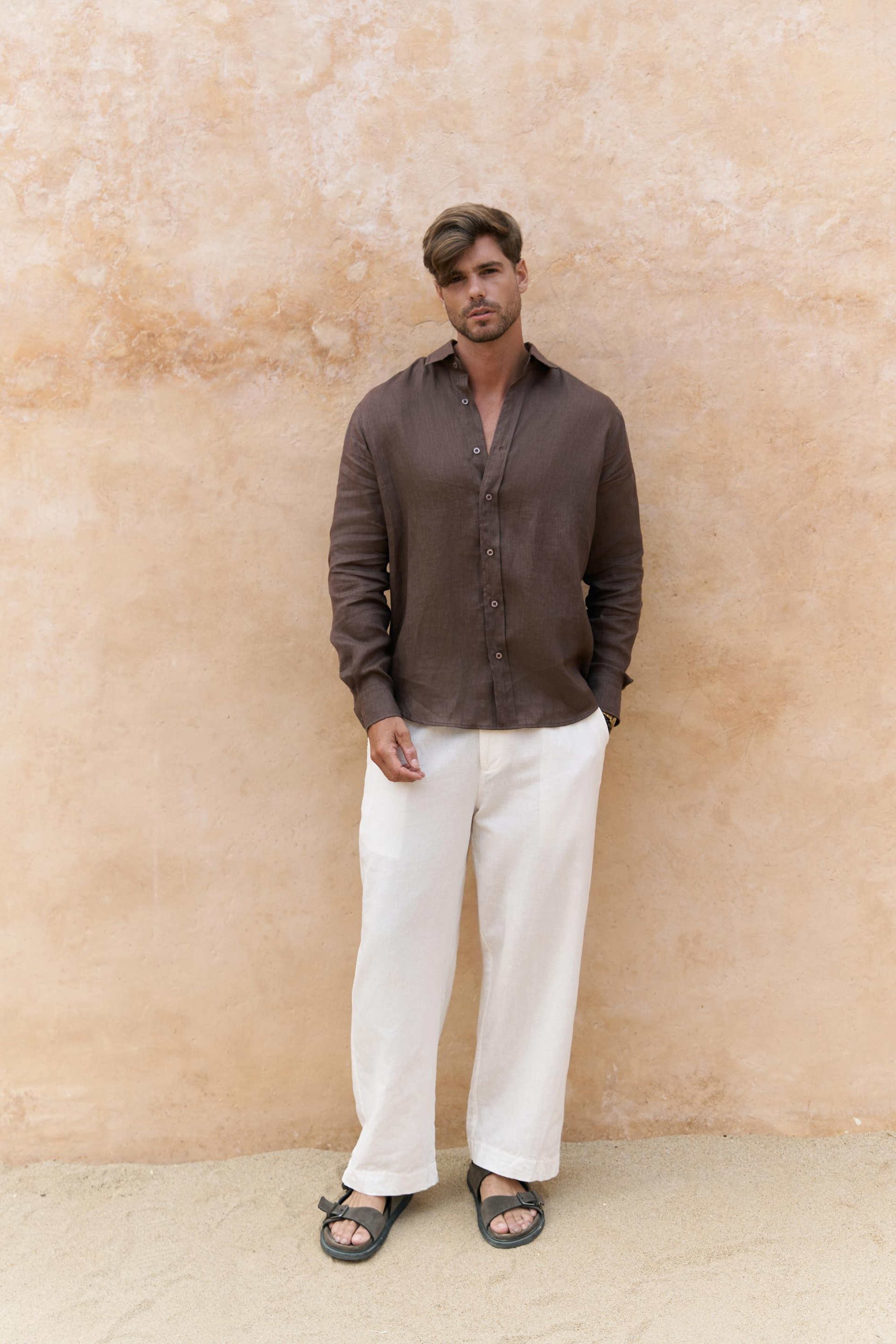 Fyfaha Bol Paça Erkek Ekru Keten Pantolon