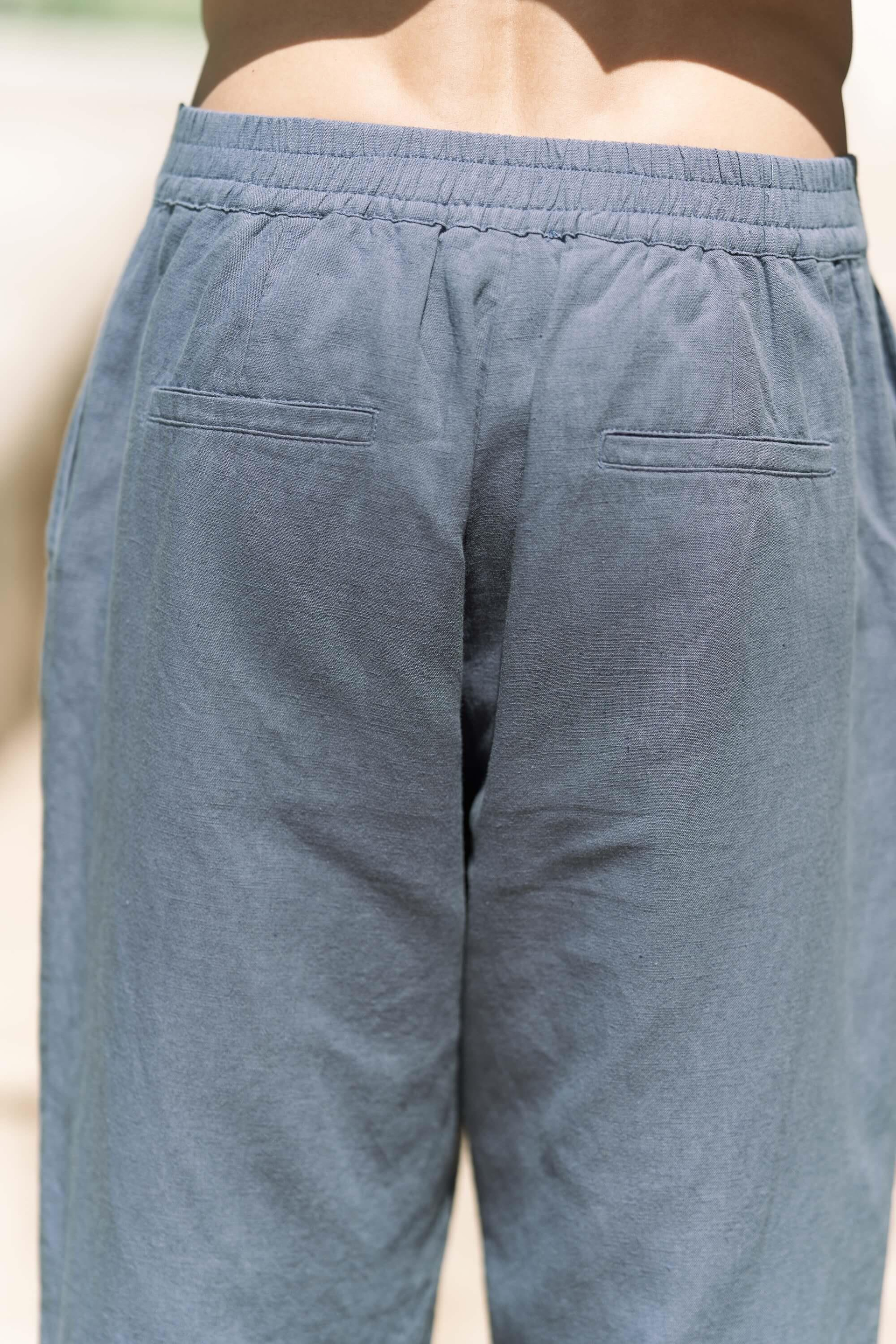 Fyfaha Bol Paça İndigo Erkek Keten Pantolon