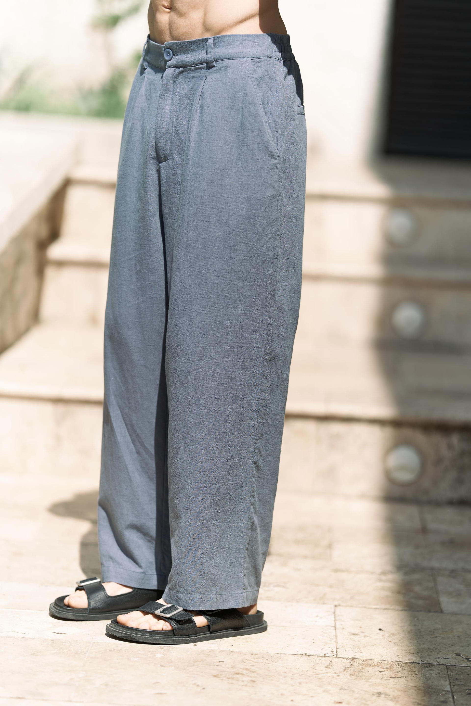 Fyfaha Bol Paça İndigo Erkek Keten Pantolon