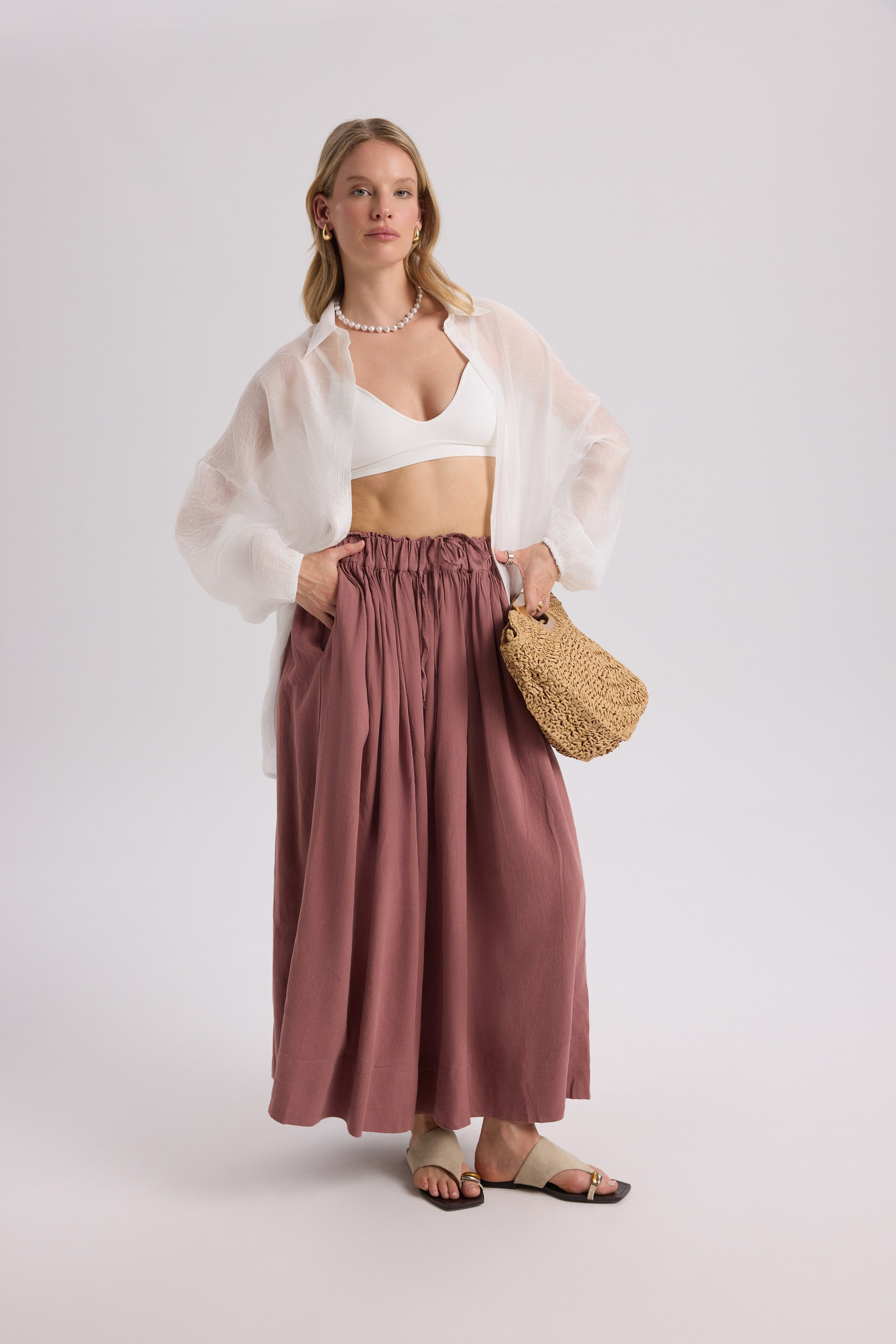 Gabbiano Lace-Up Pleated Light Burgundy Linen Skirt