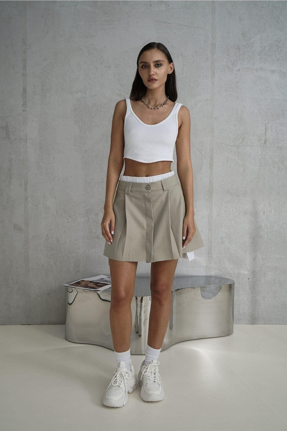 Gabbie Boxer Detay Olive Green Mini Etek