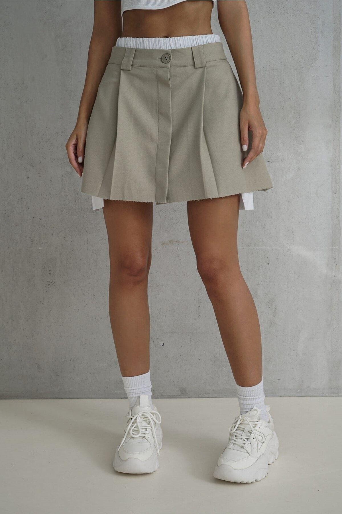 Gabbie Boxer Detay Olive Green Mini Etek