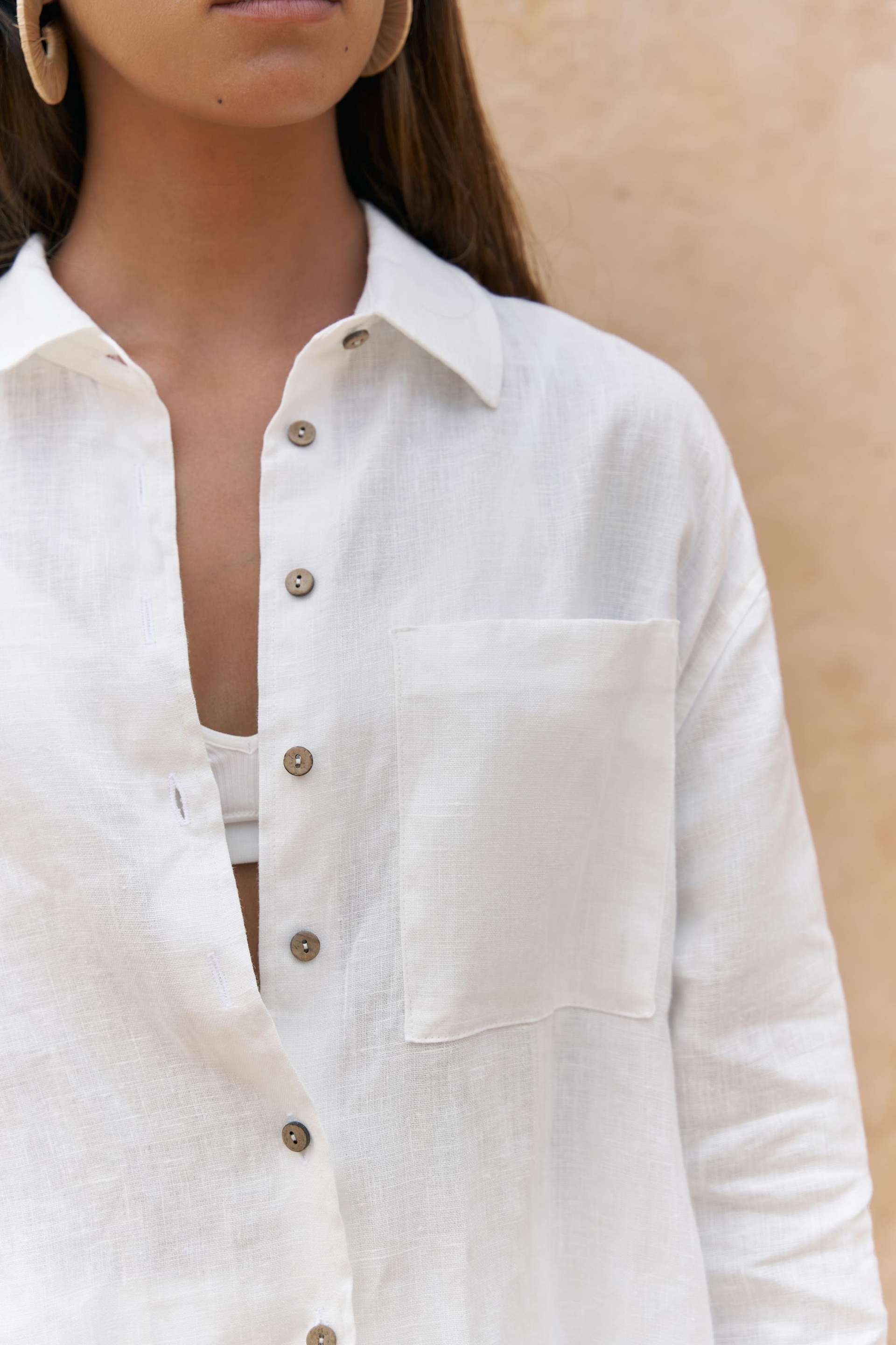 Gaelil Oversize Beyaz Keten Gömlek Şort Takım