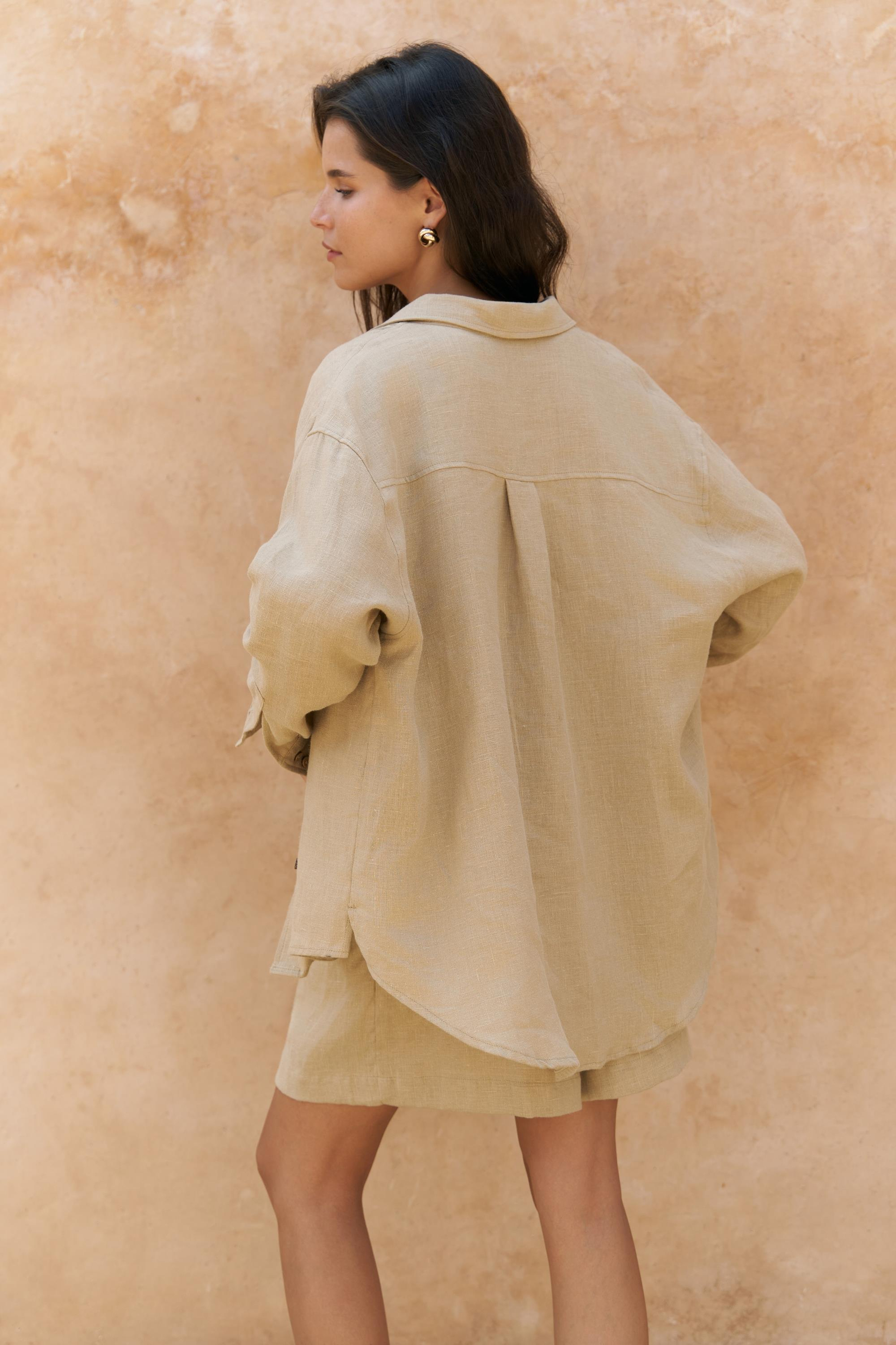 Gaelil Oversize Haki Keten Gömlek Şort Takım