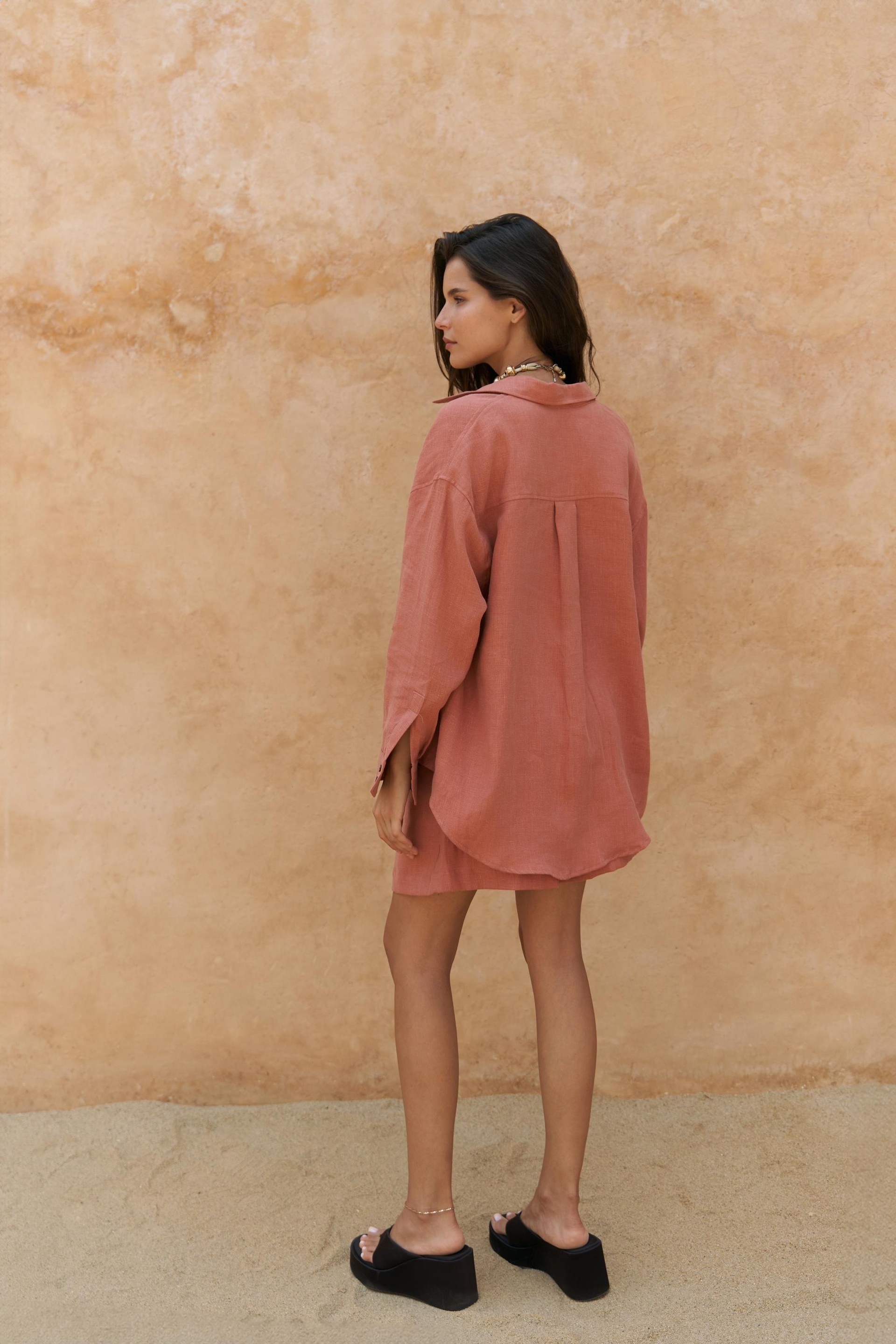 Gaelil Oversize Tarçın Keten Gömlek Şort Takım