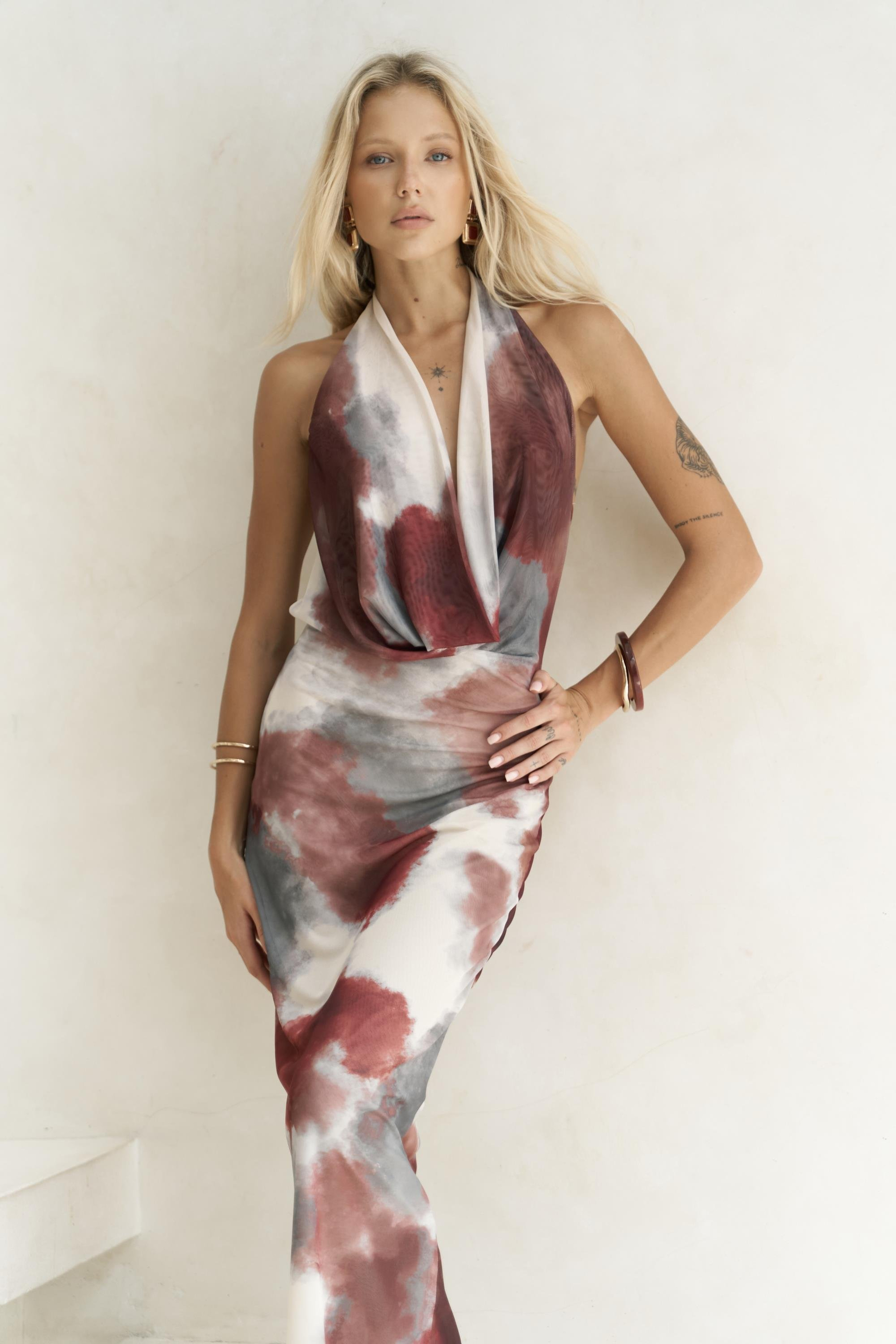 Galagher Degaje Bordo Uzun Elbise