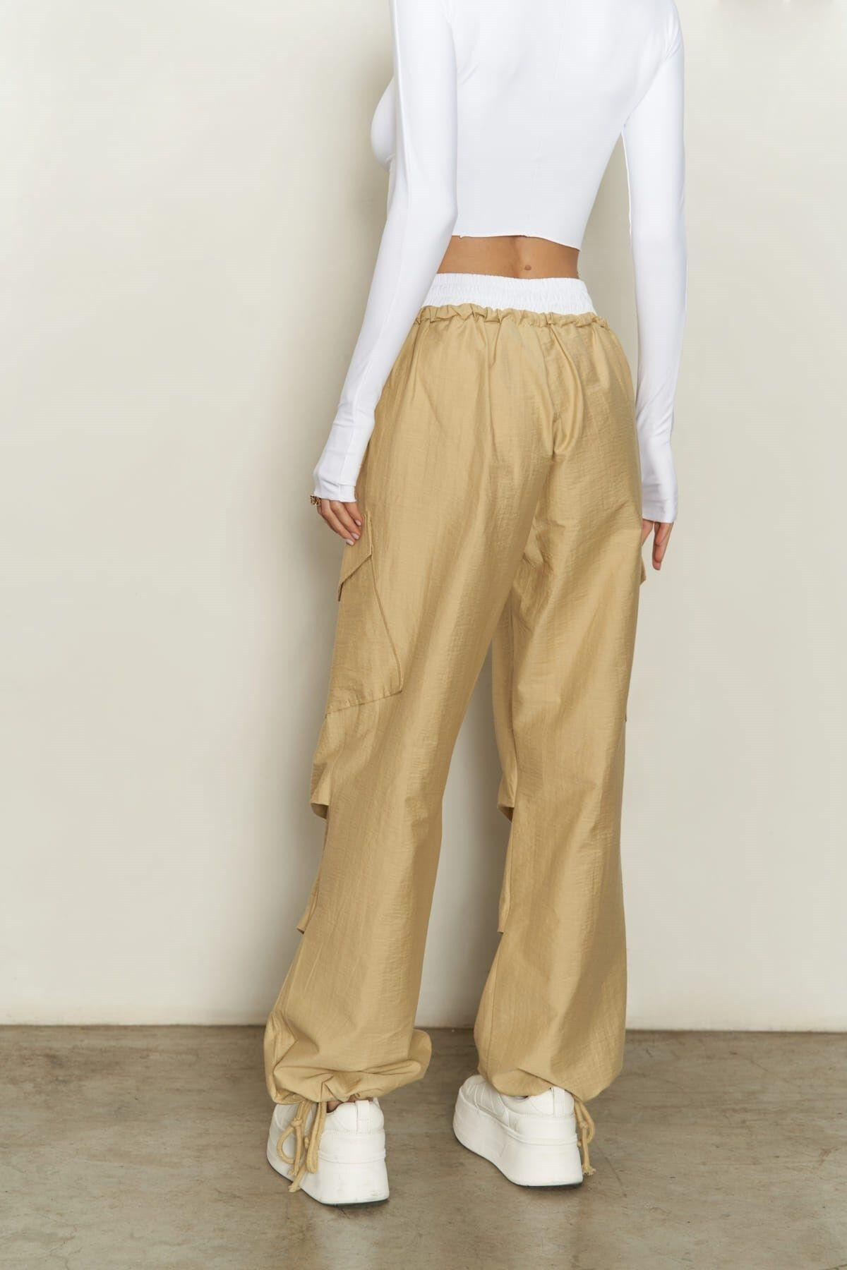 Galvin Boxer Detailed Slim Fit Beige Parachute Pants