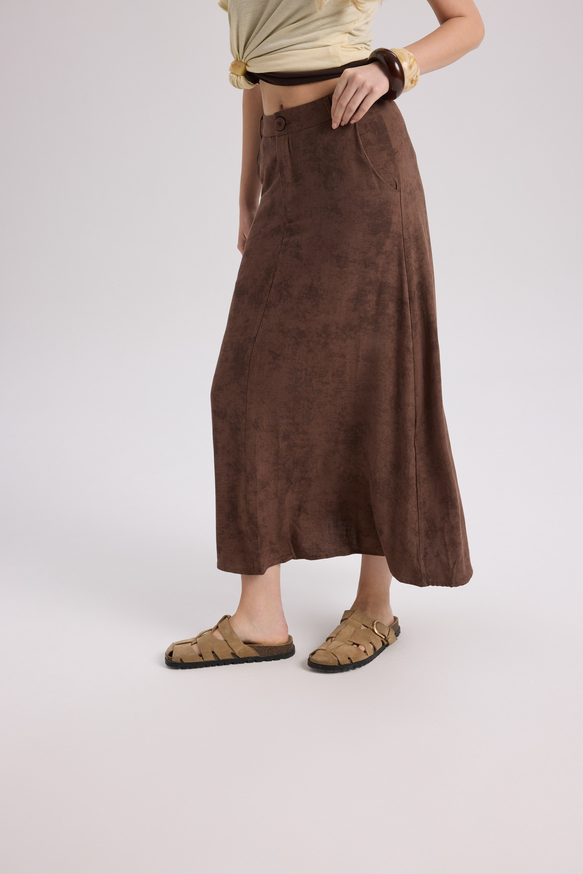Garias Long With Pockets Tie-Dye Patterned Brown Skirt
