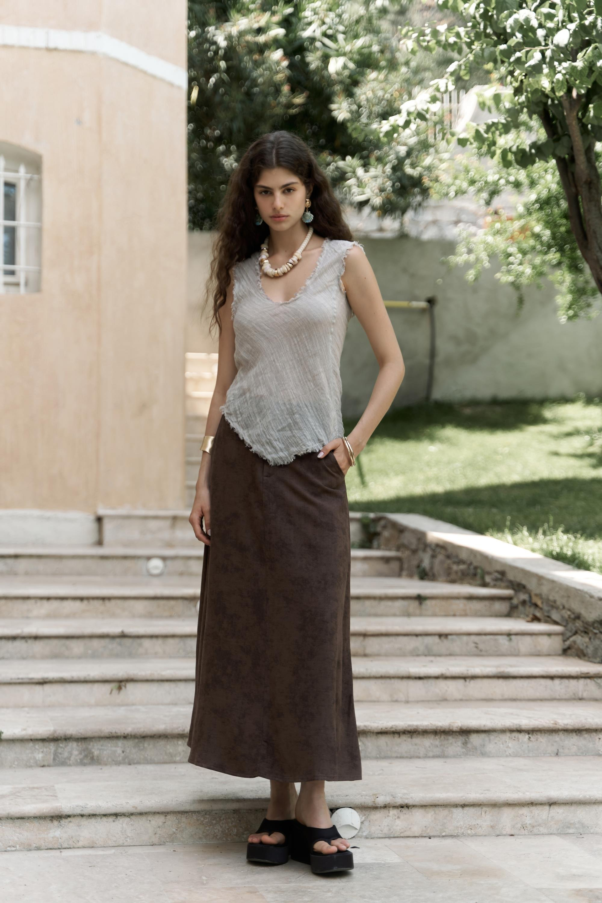 Garias Cepli Uzun Batik Desenli Kahve Etek