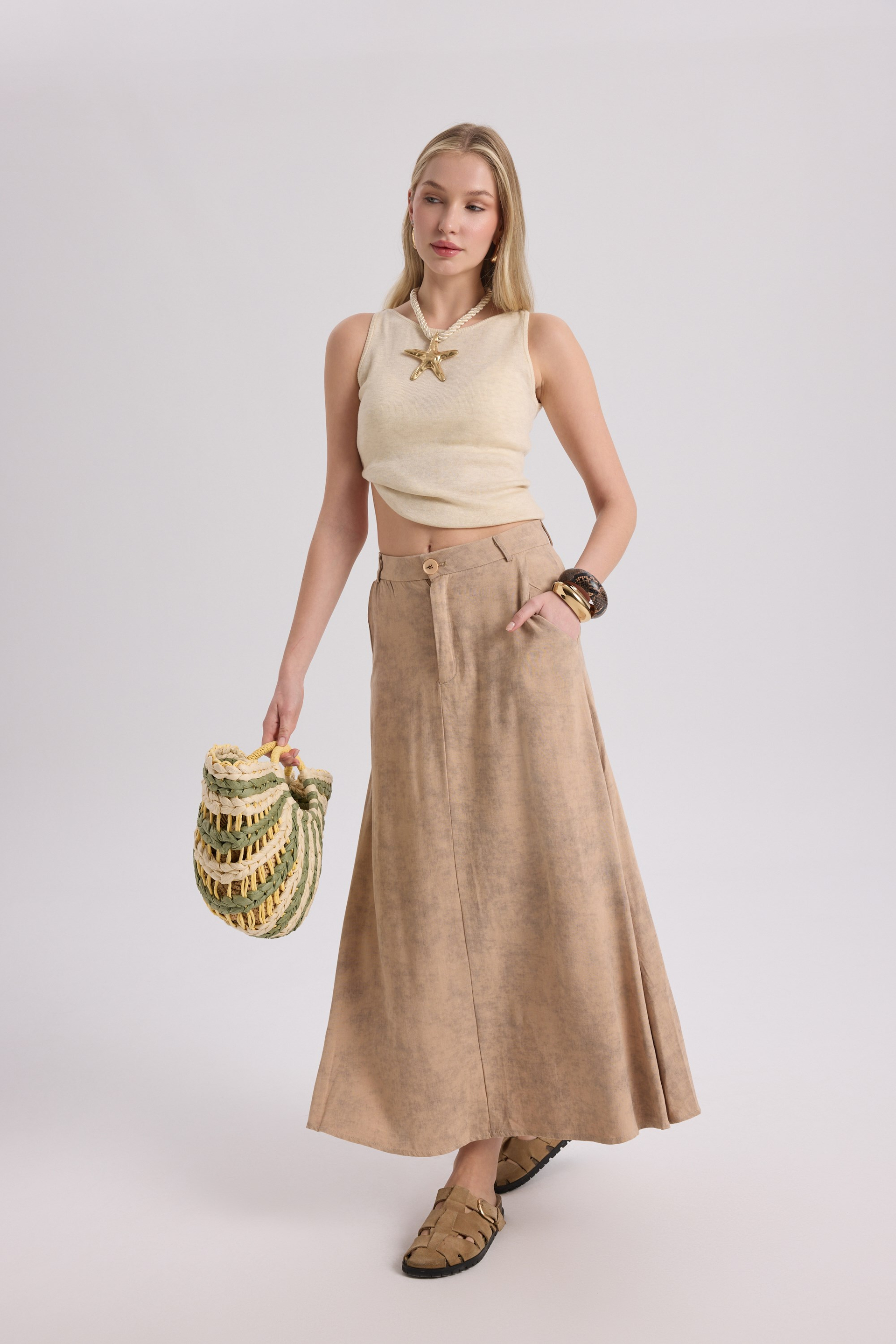 Garias Long With Pockets Tie-Dye Patterned Taupe Skirt