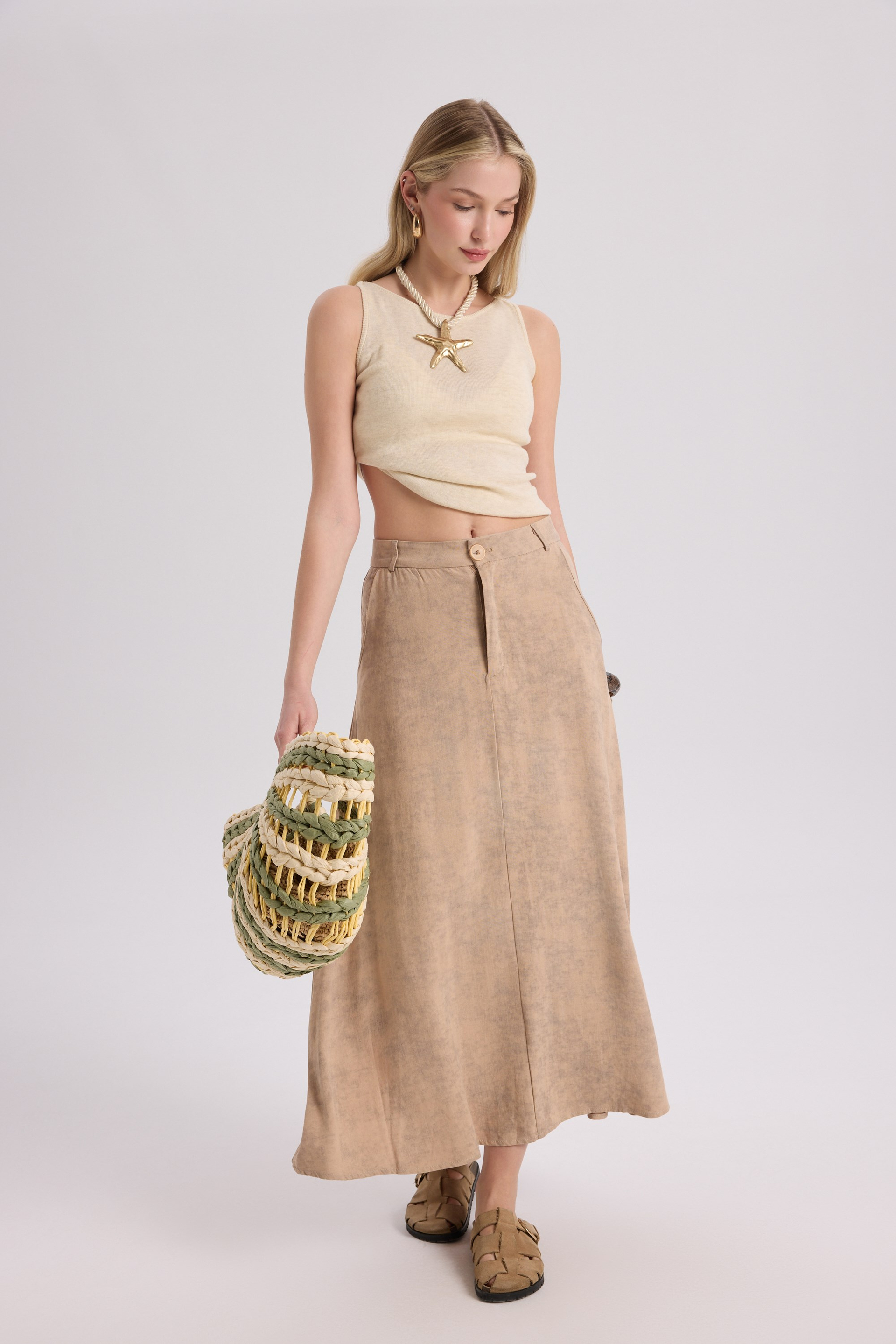 Garias Long With Pockets Tie-Dye Patterned Taupe Skirt