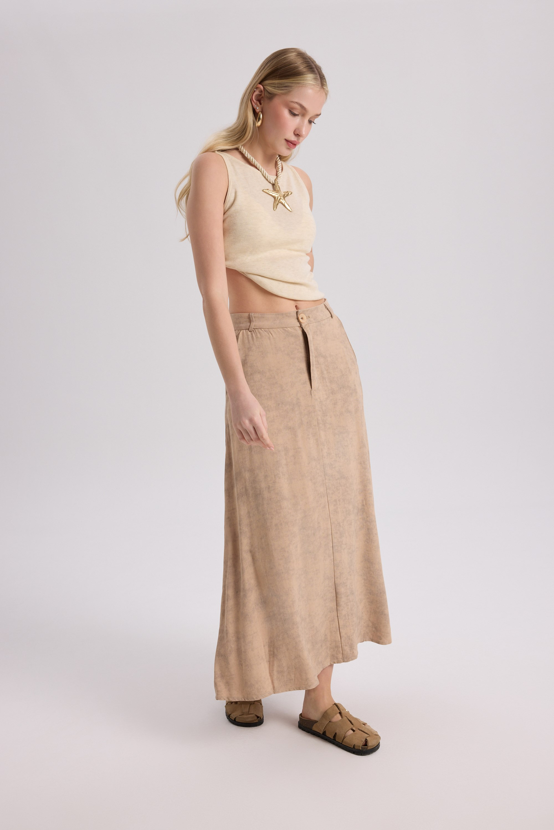 Garias Long With Pockets Tie-Dye Patterned Taupe Skirt