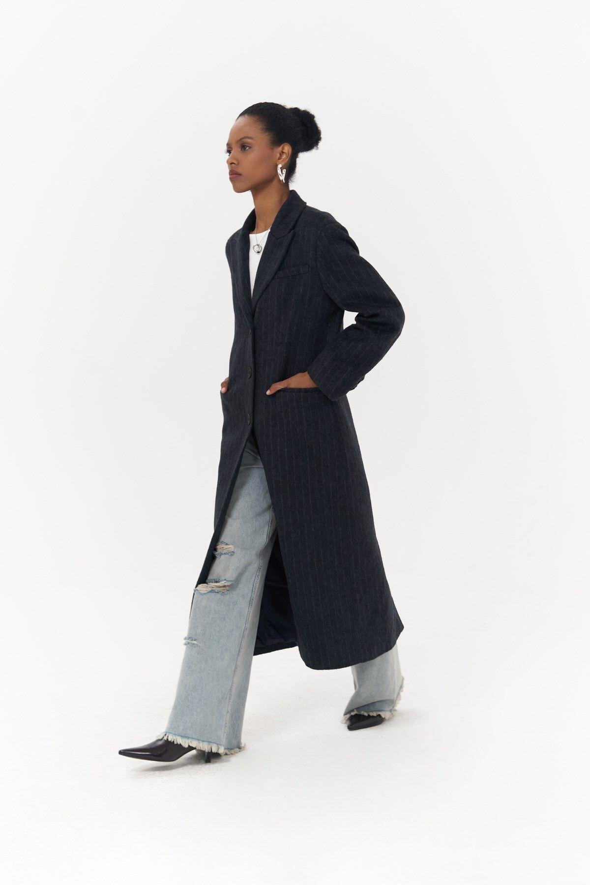 Gasadalur Striped Navy Blue Coat 