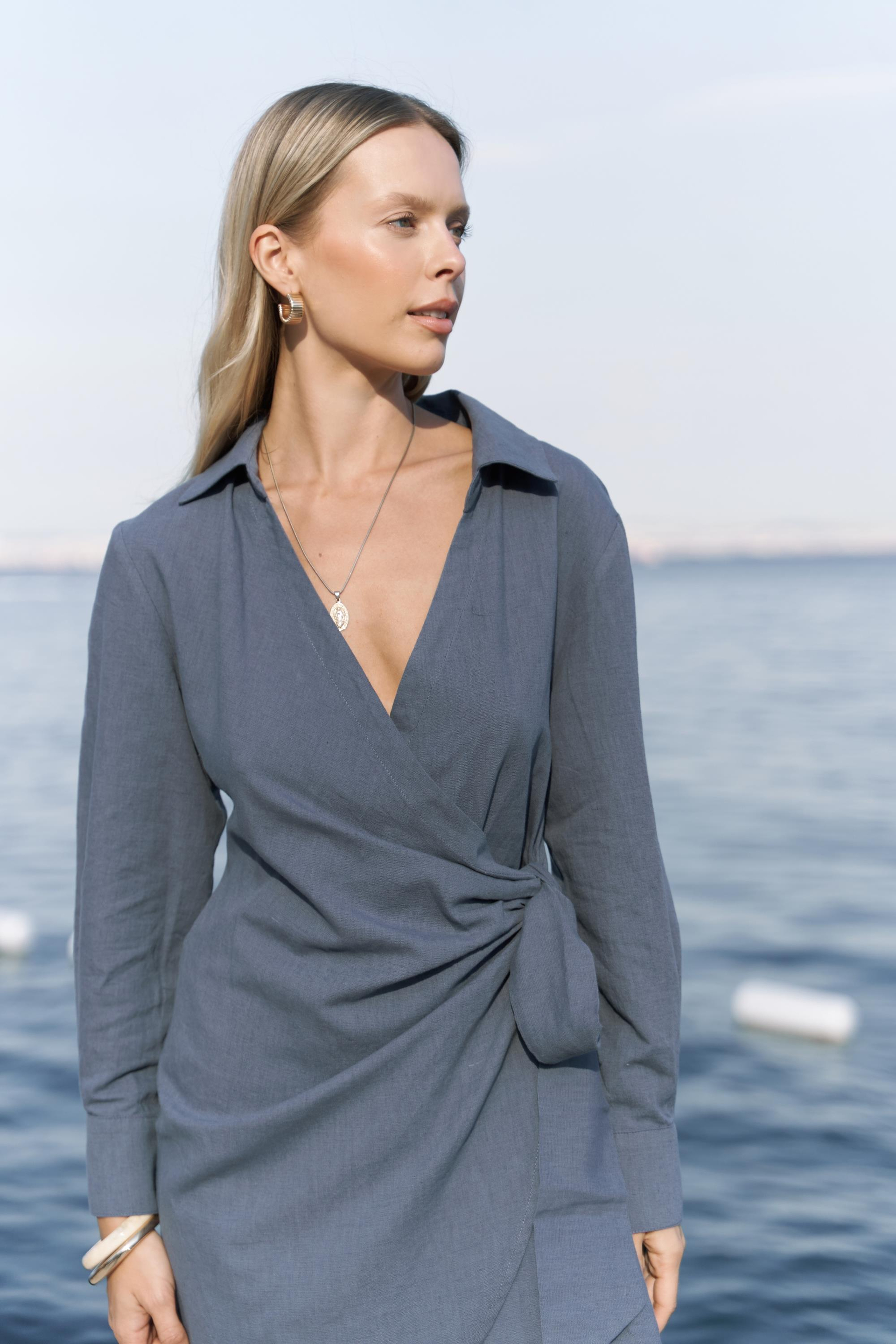 Gormelia Bağlamalı İndigo Elbise