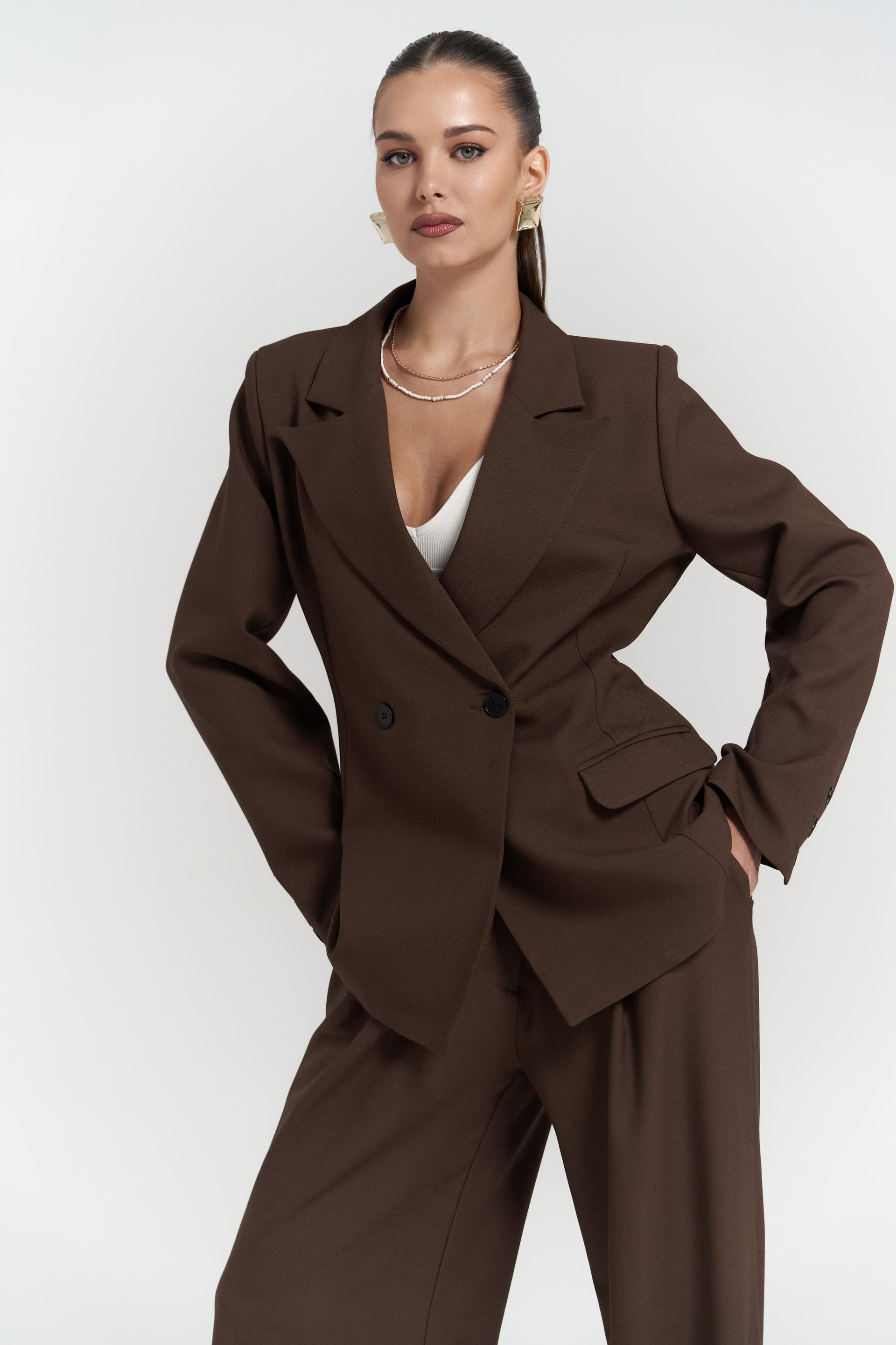 Halvyn Dar Kesim Blazer Kahve Takım