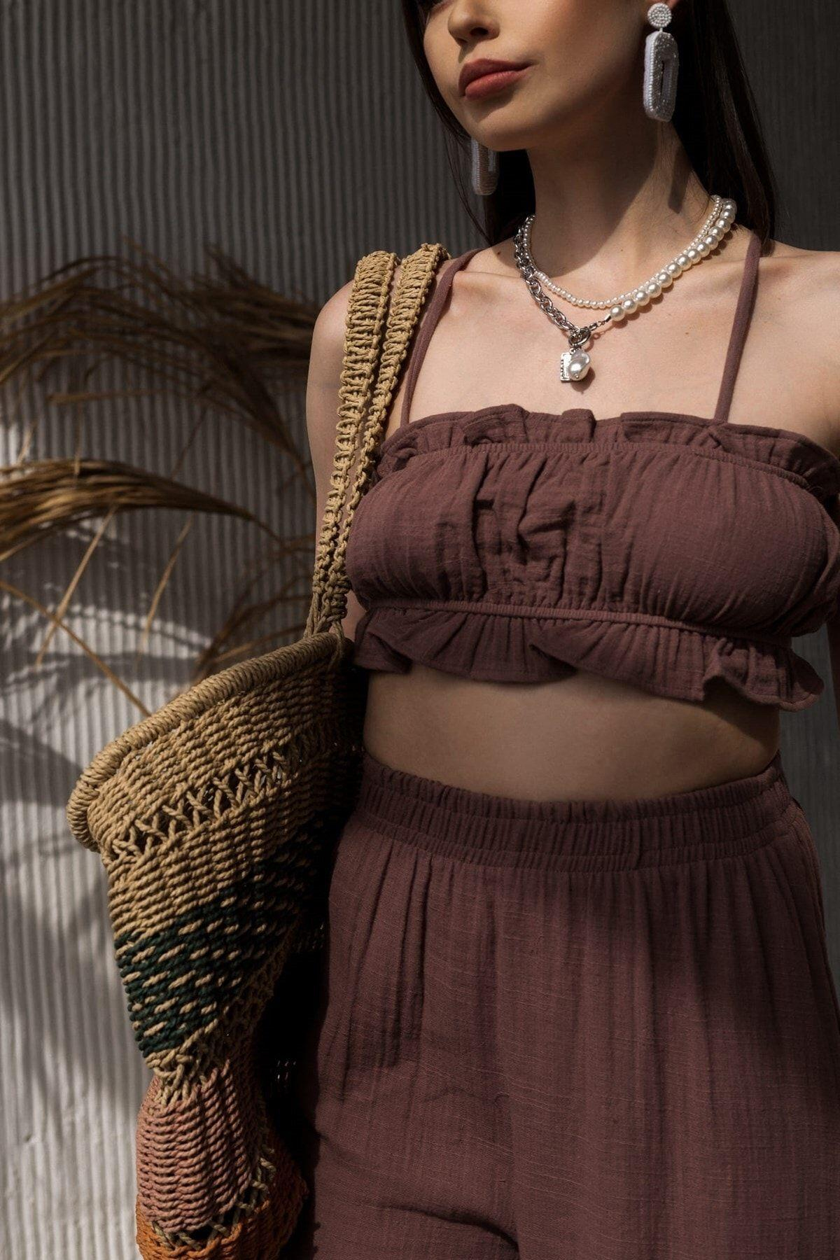 Bohemai Harvey Brown Muslin Crop-Trousers Set