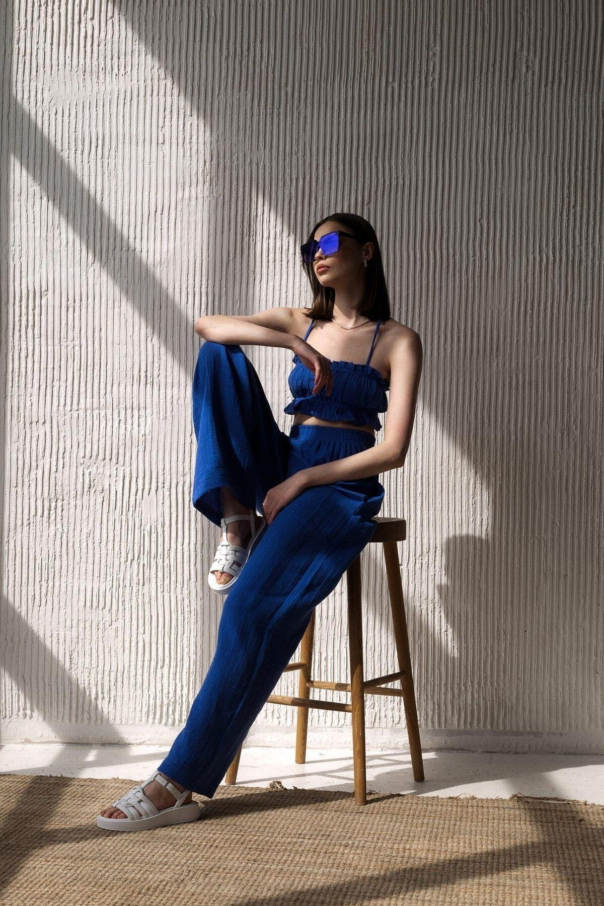 Bohemai Harvey Sax Blue Muslin Crop-Trousers Set