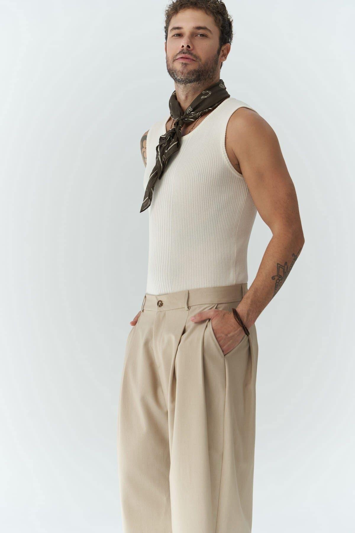 Hector Men's Wide Leg Beige Trousers