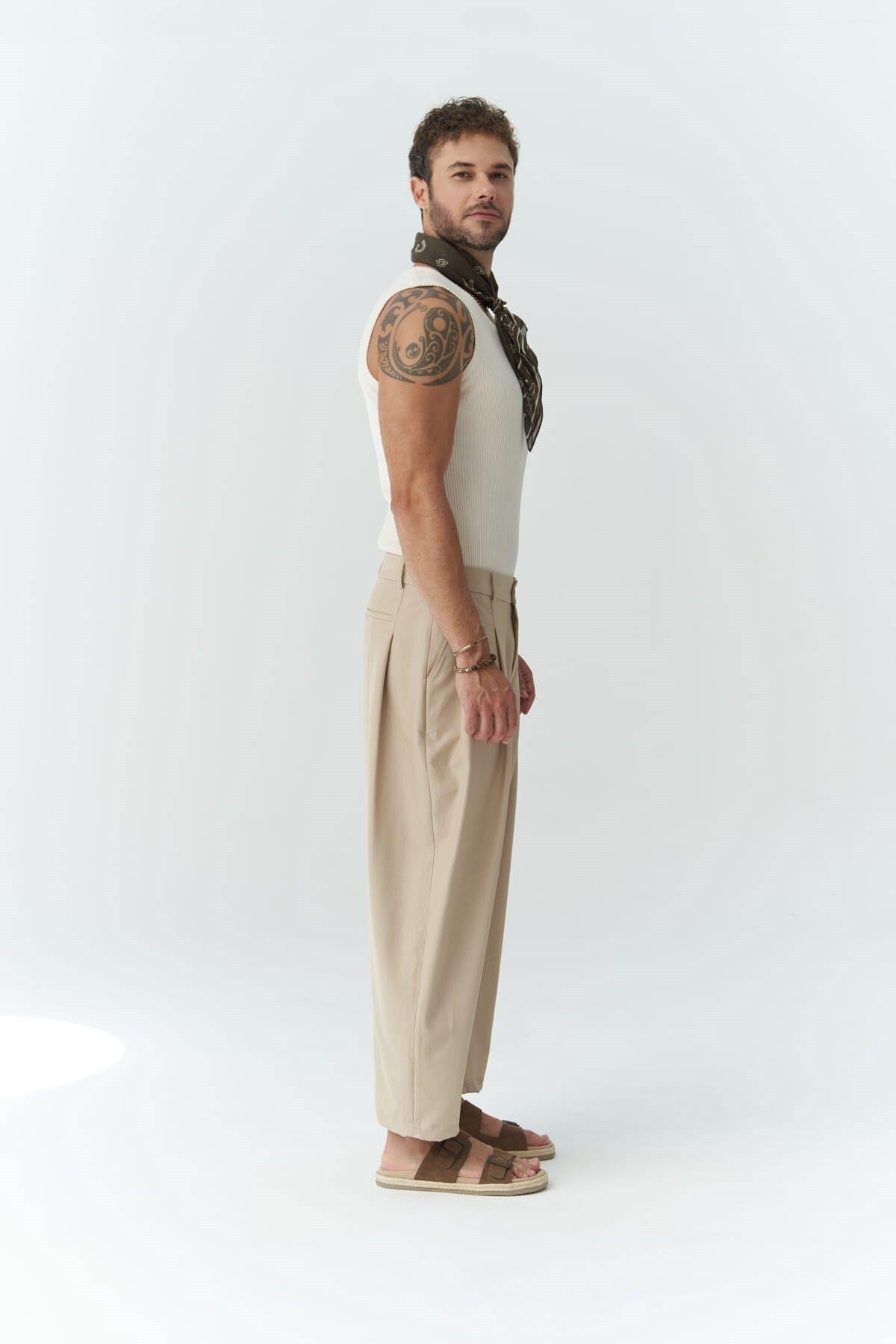 Hector Men's Wide Leg Beige Trousers