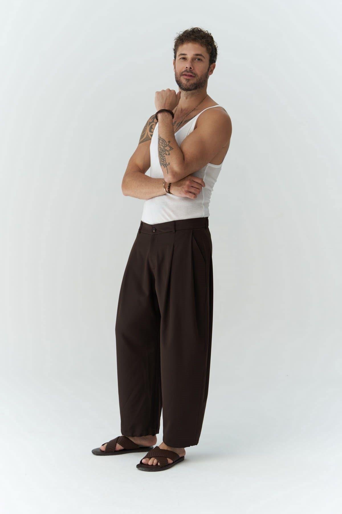 Hector Men's Wide Leg Brown Trousers
