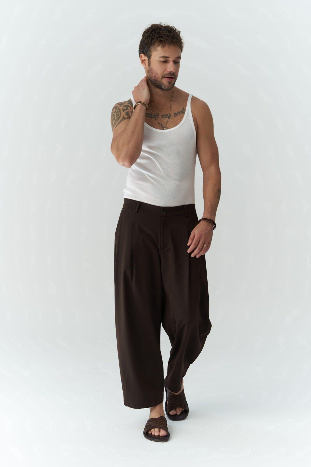 Hector Men's Wide Leg Brown Trousers