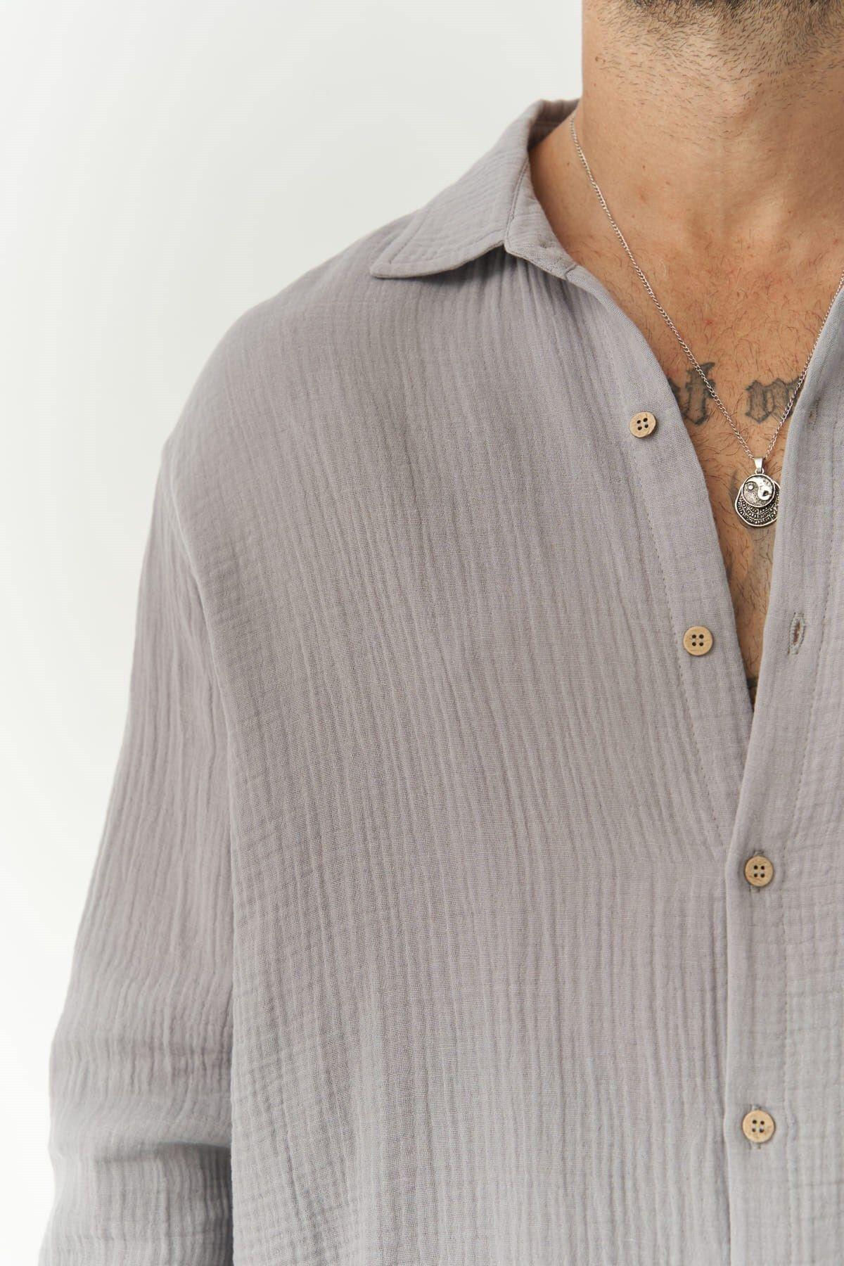 Herman Erkek Oversize Gri Müslin Gömlek