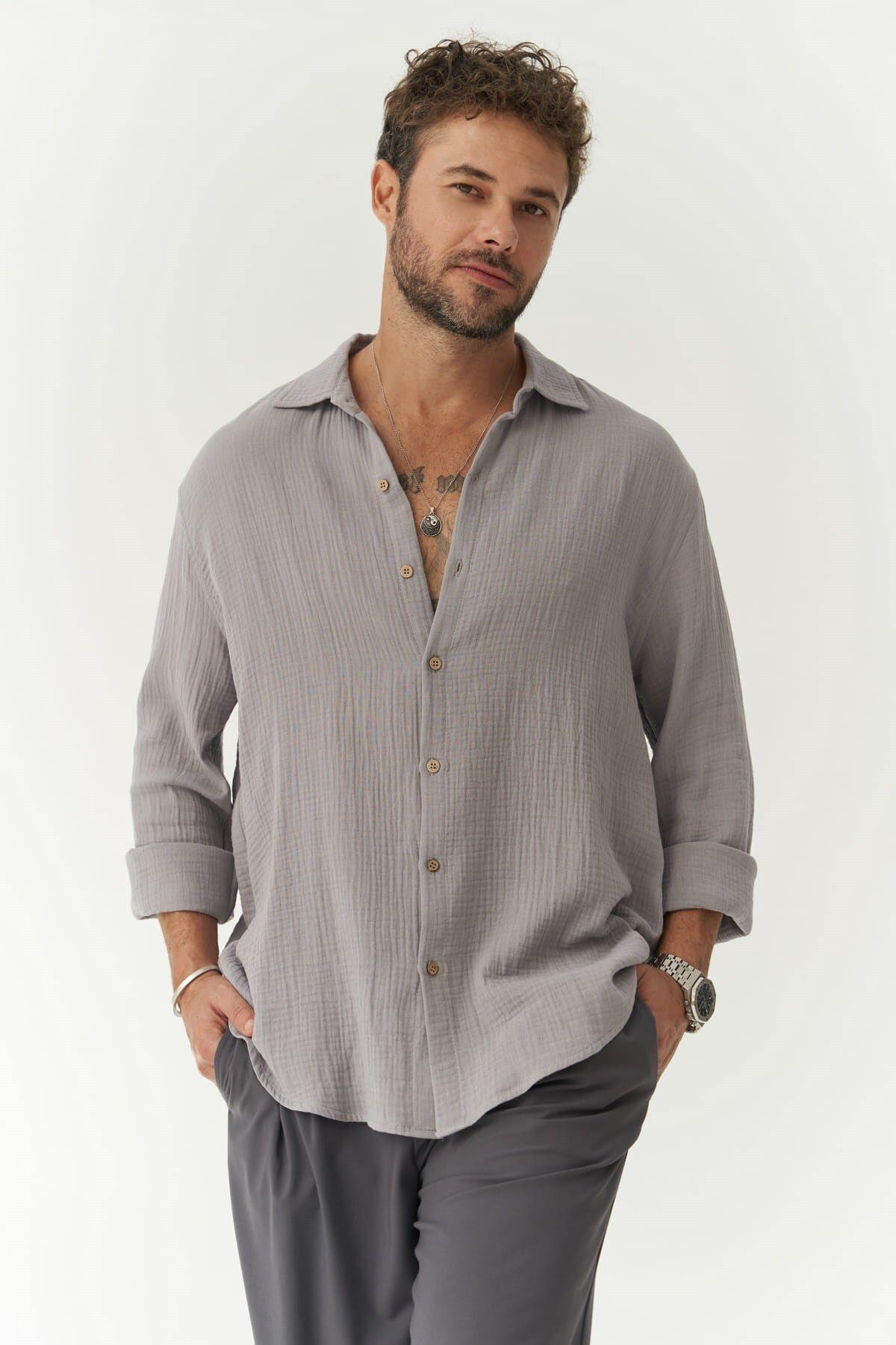 Herman Erkek Oversize Gri Müslin Gömlek