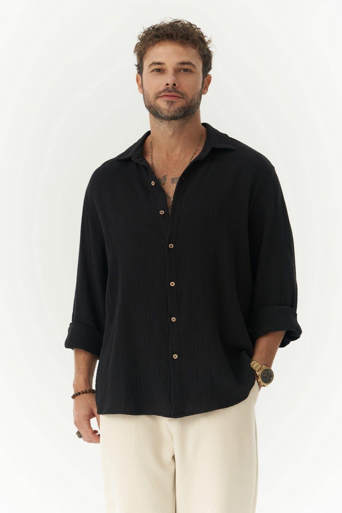 Herman Erkek Oversize Siyah Müslin Gömlek